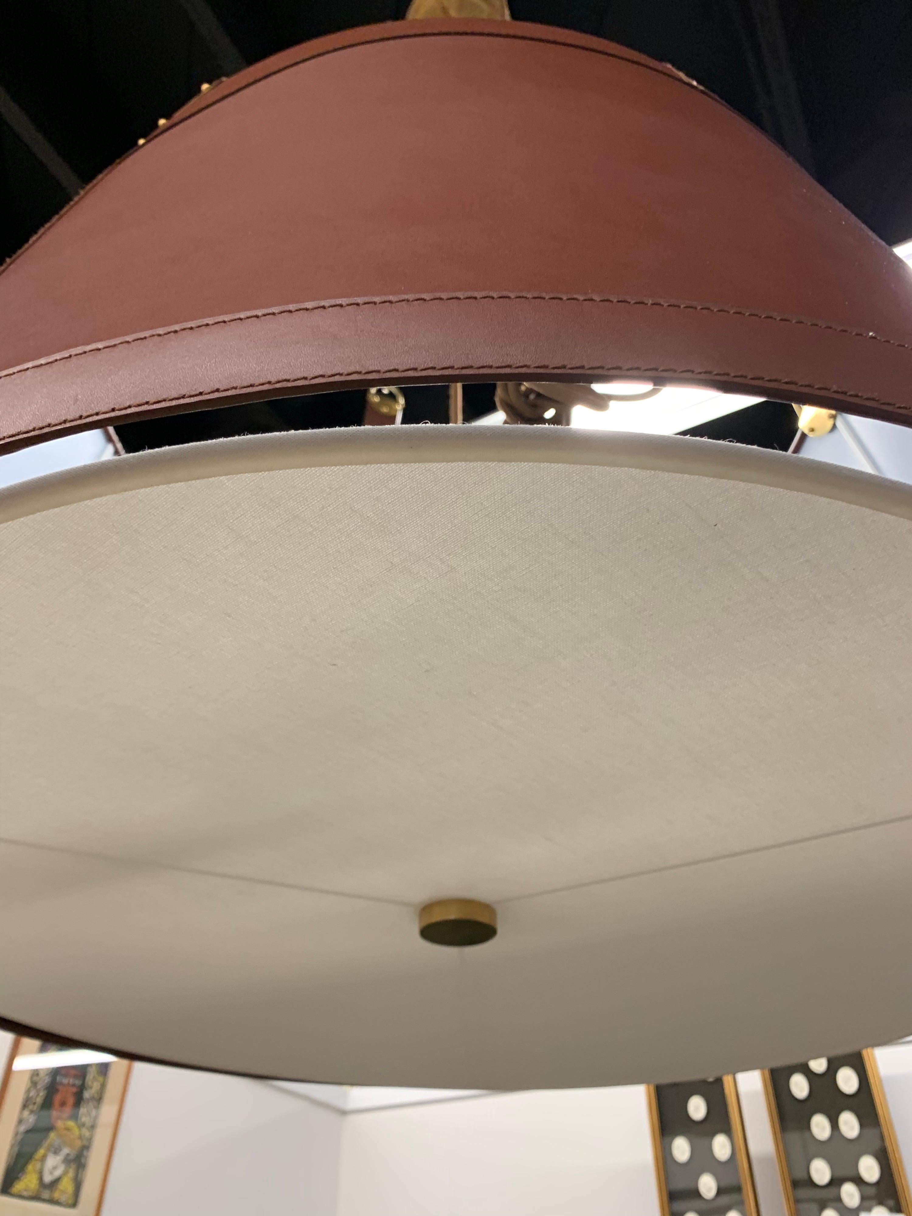 Contemporary Ralph Lauren Brown Leather Three-Light Drum Chandelier