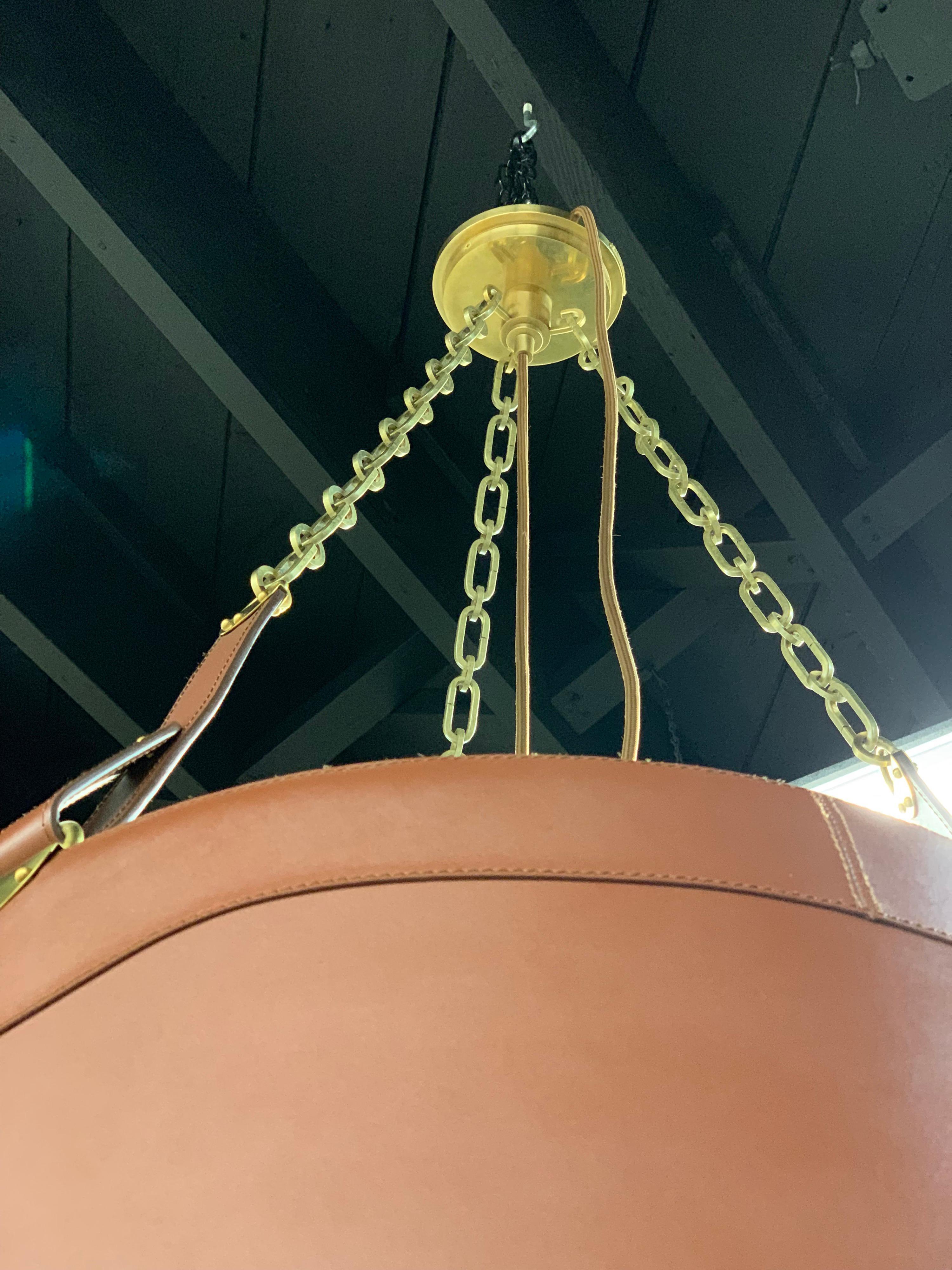 Ralph Lauren Brown Leather Three-Light Drum Chandelier 1