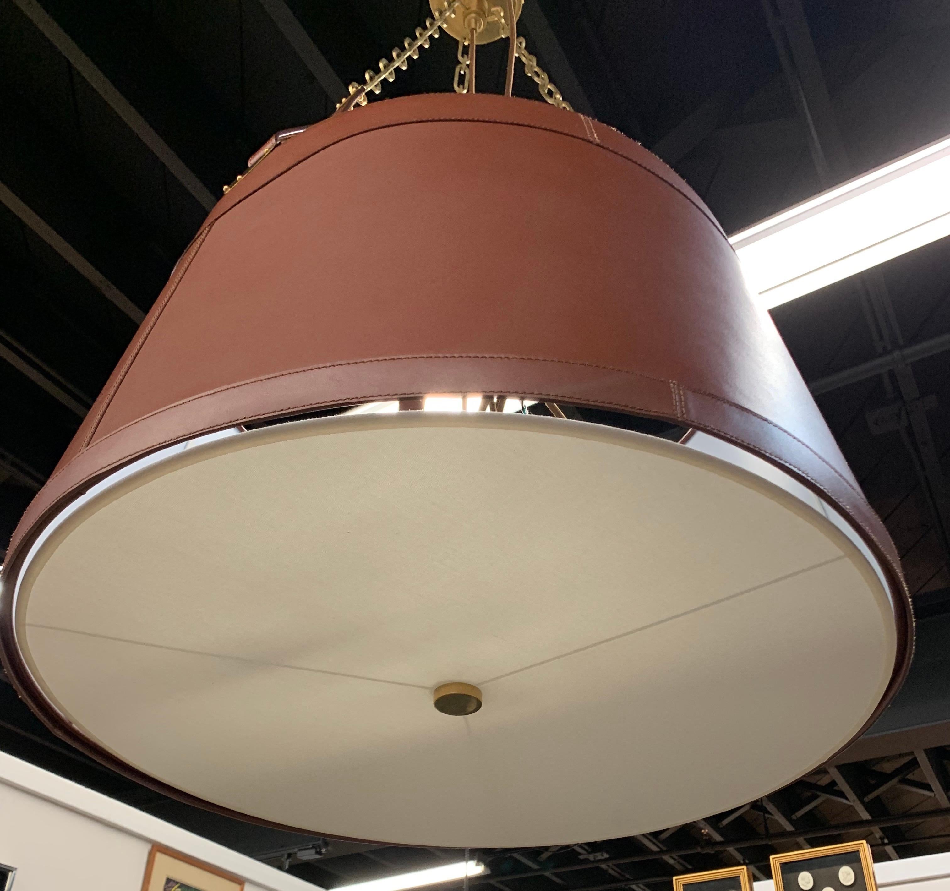 Rarely available Ralph Lauren saddle leather three-light chandelier with 31