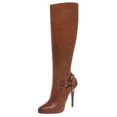 Ralph Lauren Brown Leather Vivera Buckle Detail Knee Length Boots Size 36.5