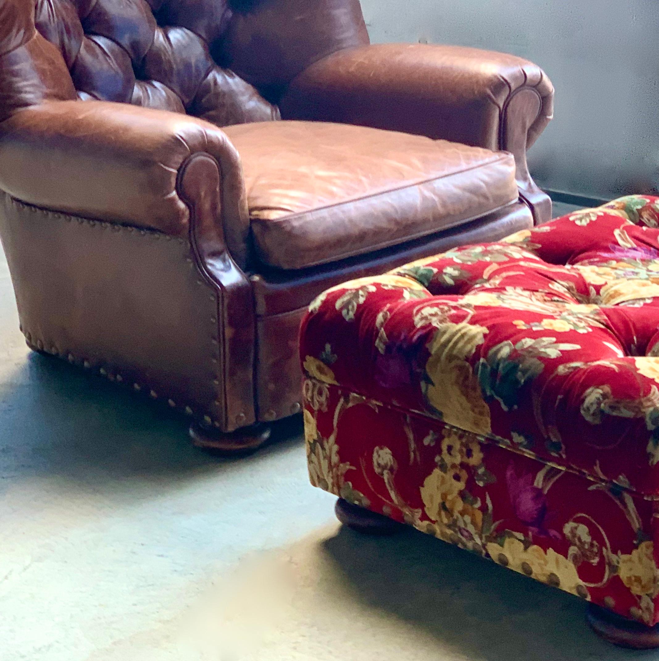 red velvet chair and ottoman