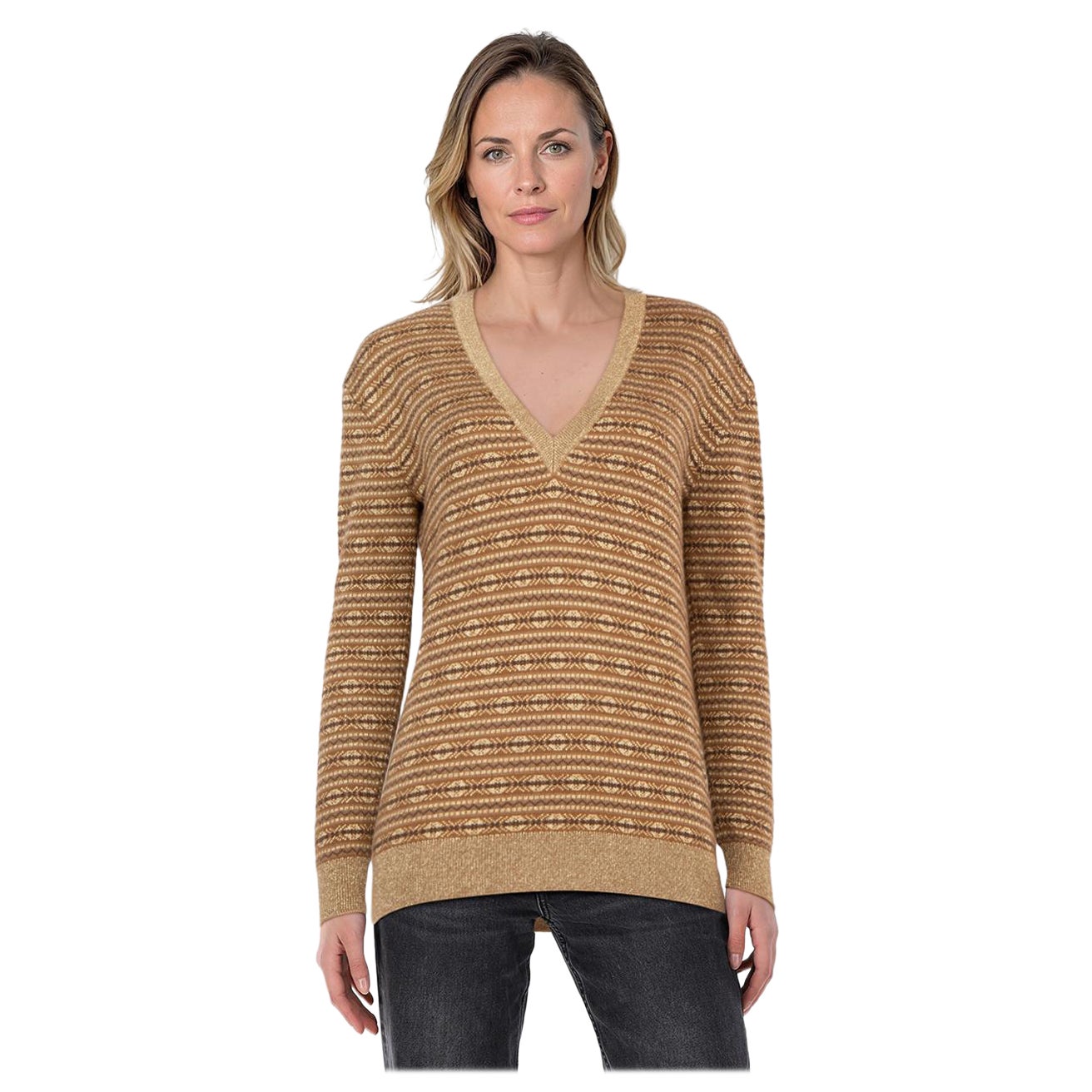 Ralph Lauren Brown Metallic Knit V Neck Jumper Size XS im Angebot