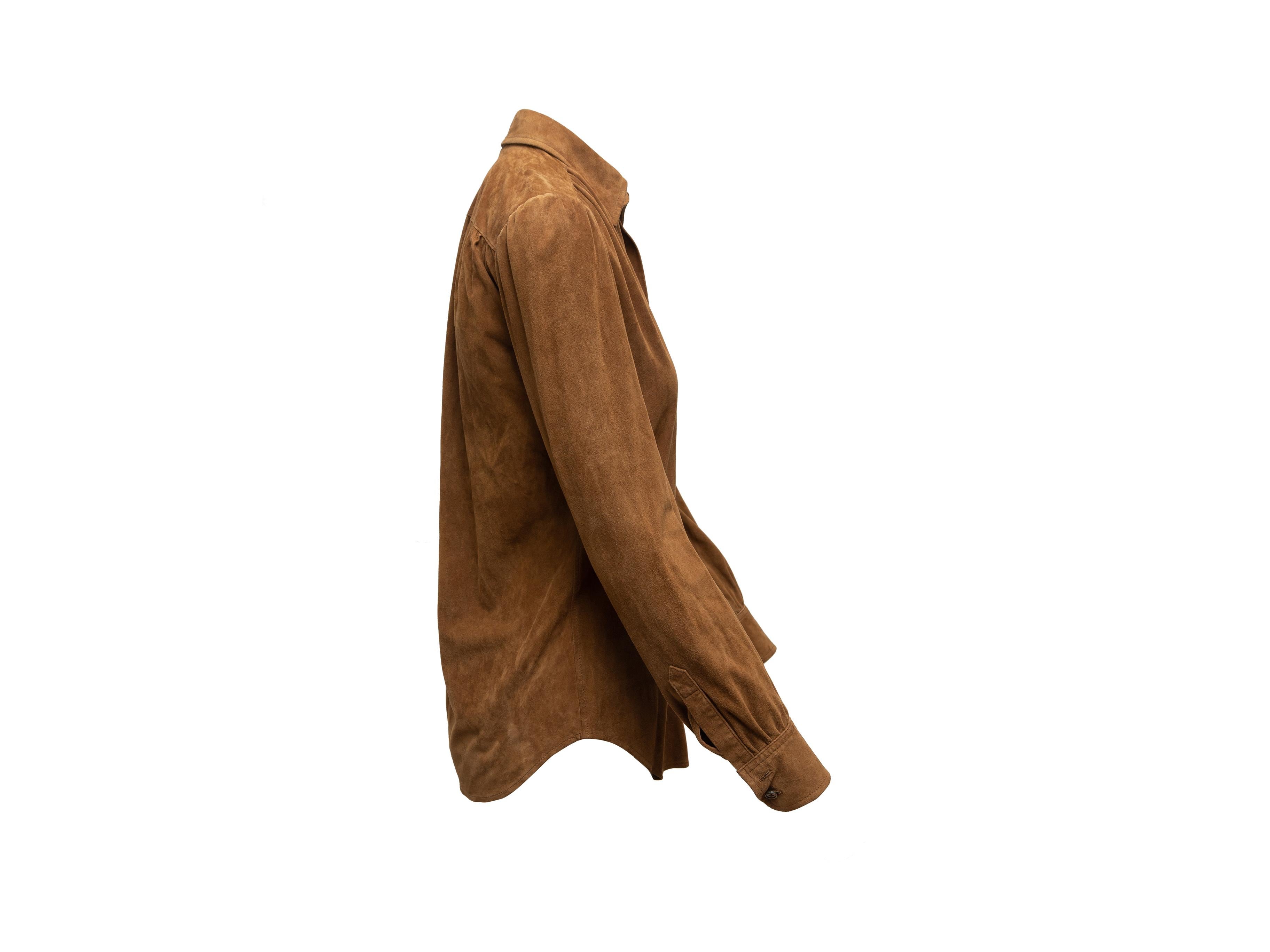 Product details: Brown suede long sleeve button-up top by Ralph Lauren. Pointed collar. Button closures at center front. 36