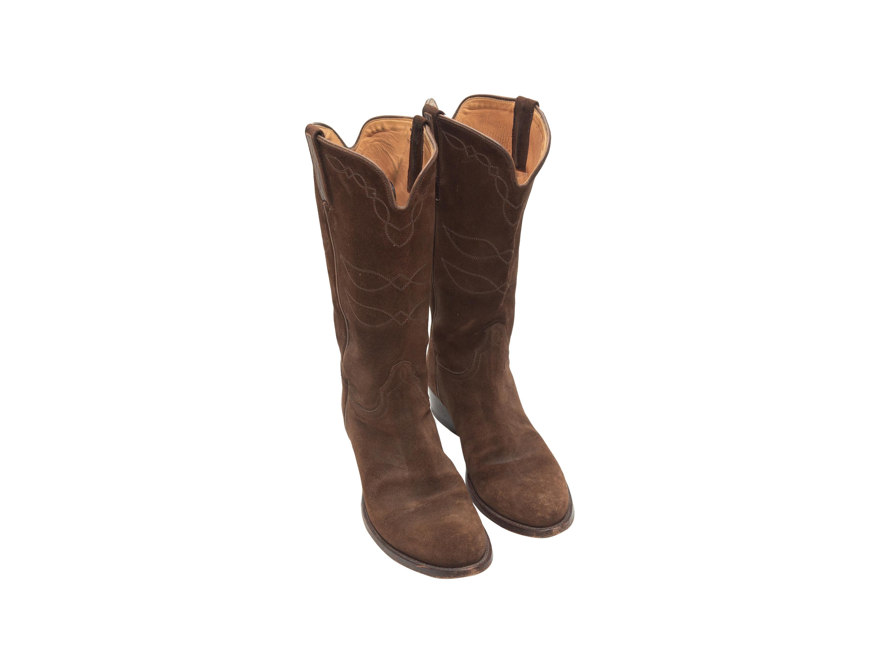 Product details: Brown suede cowboy boots by Ralph Lauren. Pull-on style. Embroidery throughout. Stacked heels. 1.5