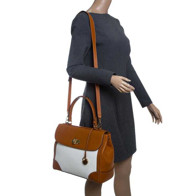 Ralph Lauren Brown White Leather and Canvas Tiffin 33 Bag For Sale