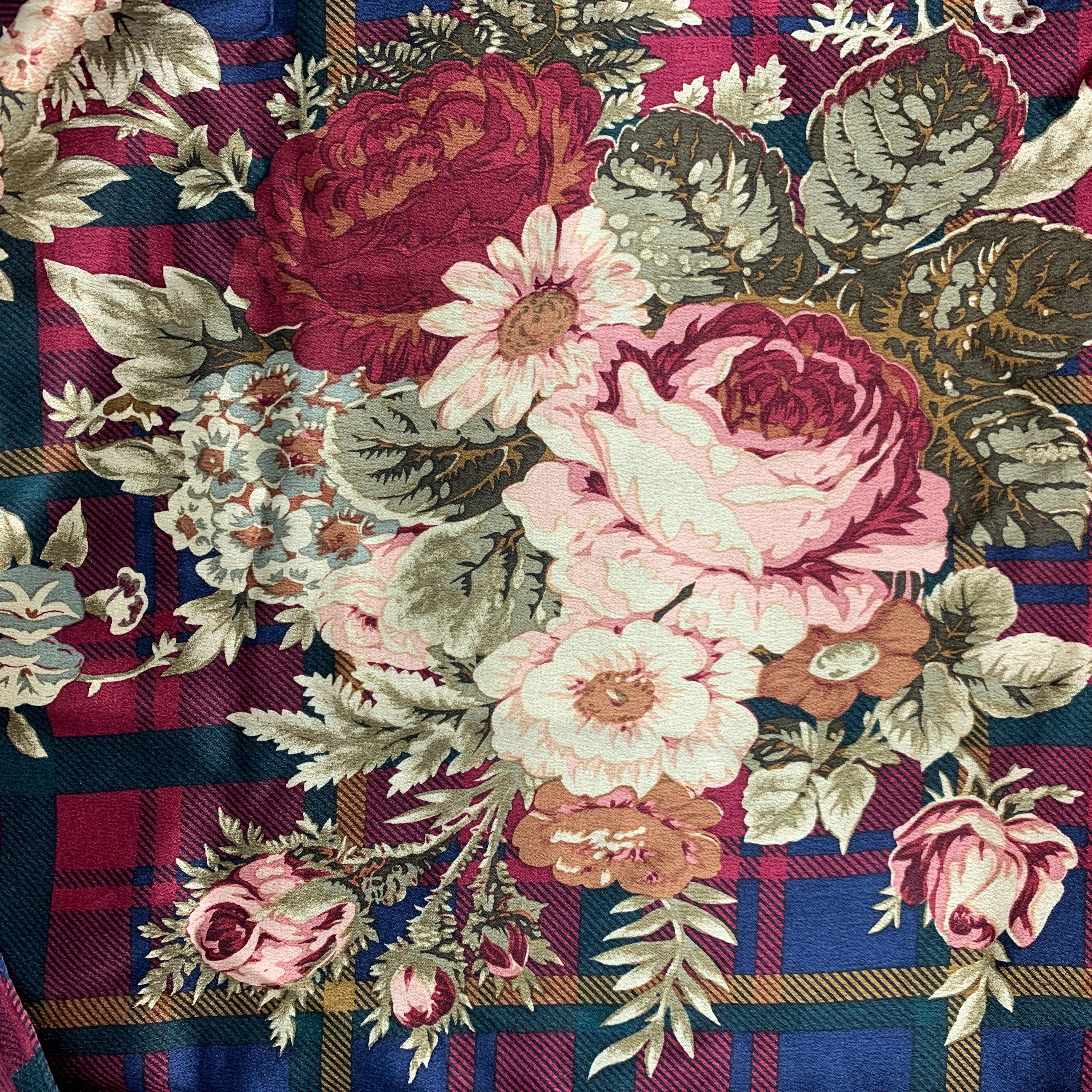 RALPH LAUREN Burgundy Multi Color Plaid Floral Scarf In Good Condition For Sale In San Francisco, CA