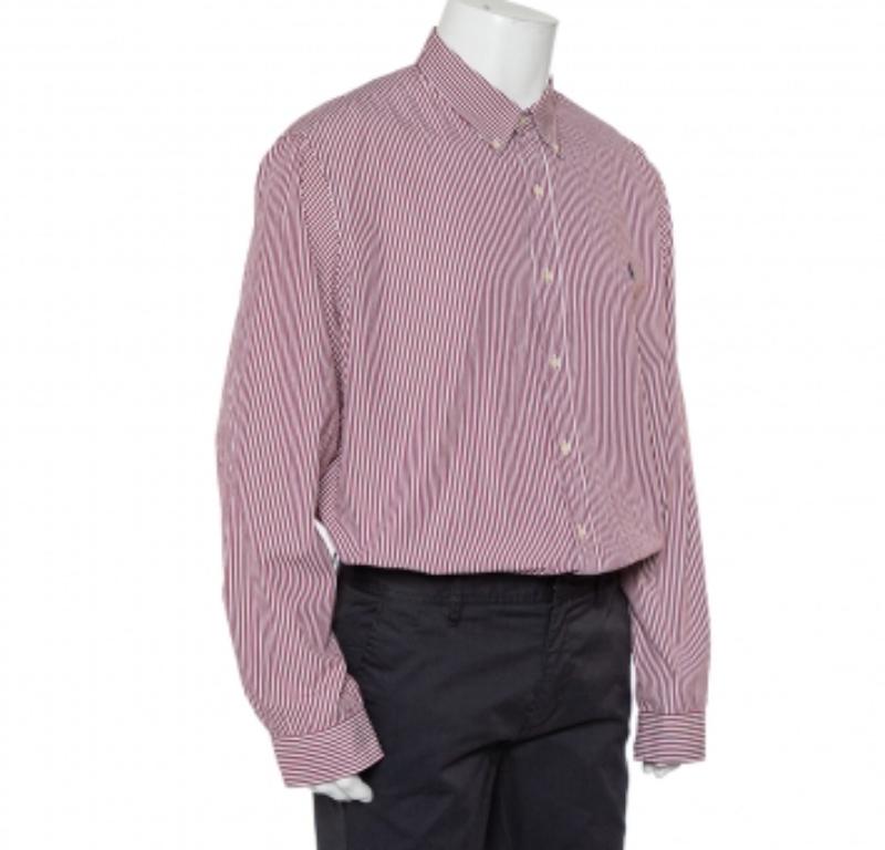 Gray Ralph Lauren Burgundy Striped Cotton Logo Embroidered Button Front Shirt XXL For Sale