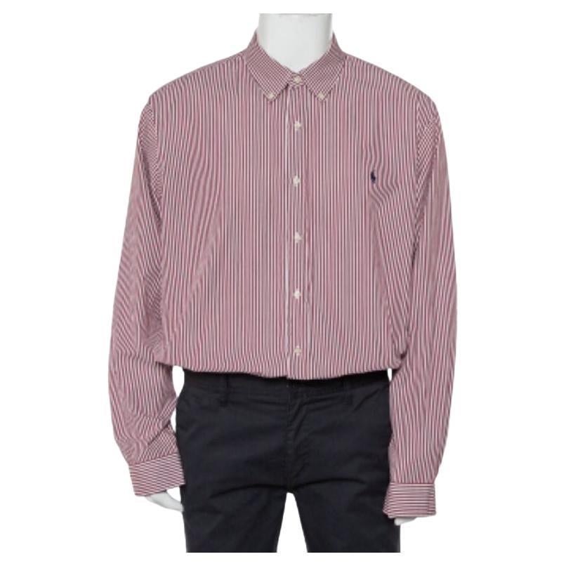 Ralph Lauren Burgundy Striped Cotton Logo Embroidered Button Front Shirt XXL For Sale
