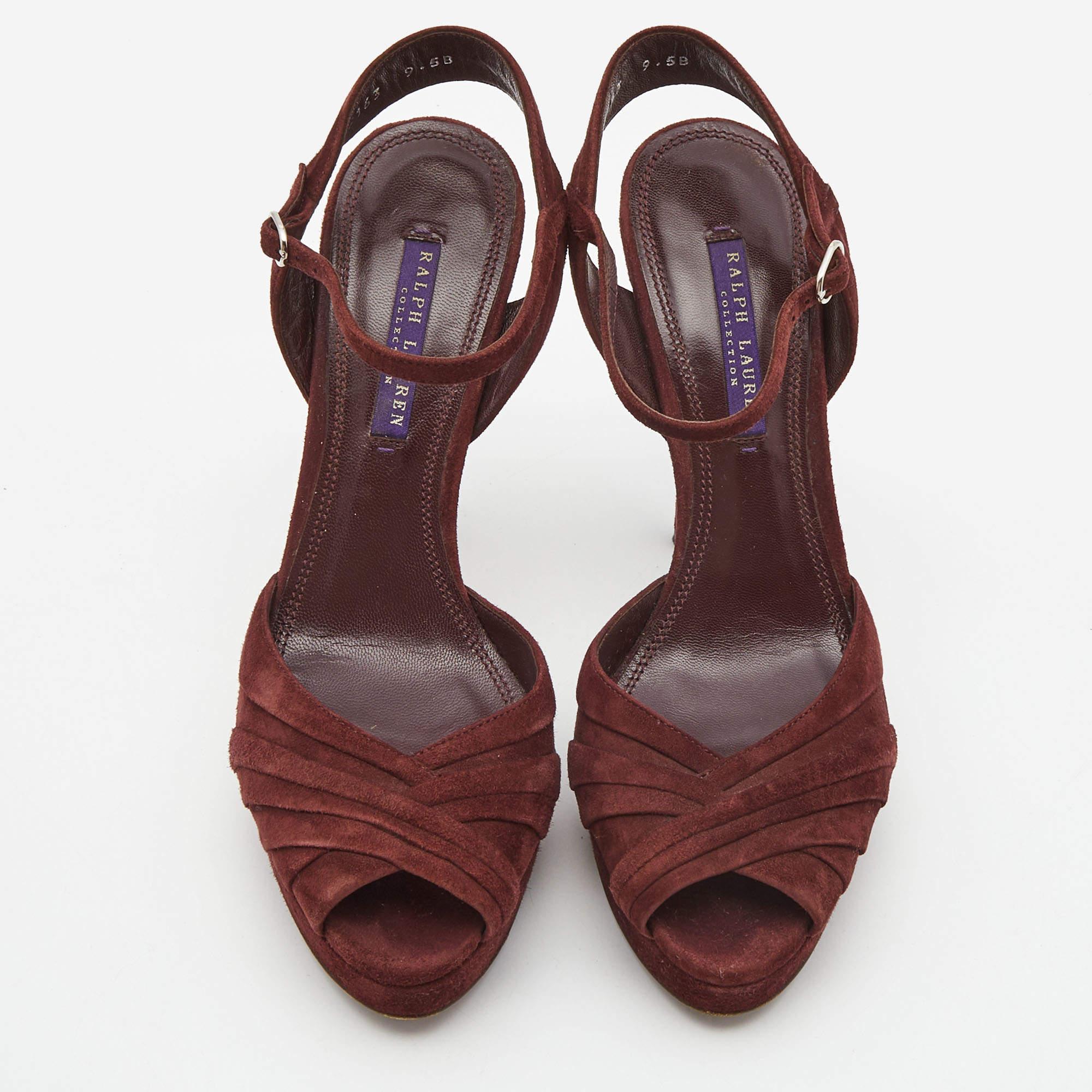 Ralph Lauren Burgundy Suede Peep Toe Platform Ankle Strap Sandals Size 40 In Good Condition For Sale In Dubai, Al Qouz 2