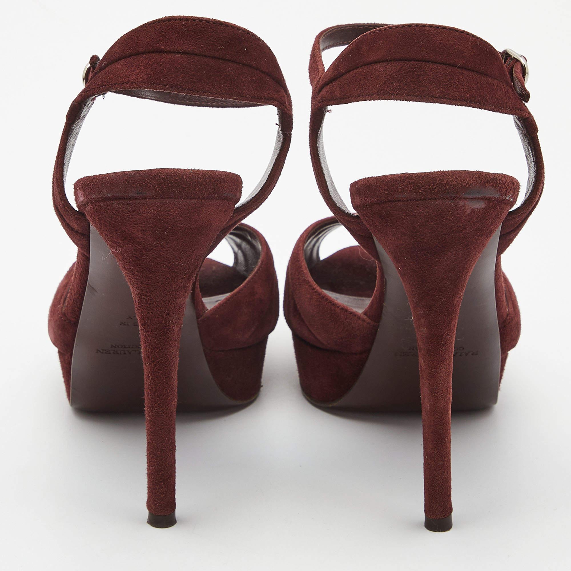 Ralph Lauren Burgundy Suede Peep Toe Platform Ankle Strap Sandals Size 40 For Sale 1