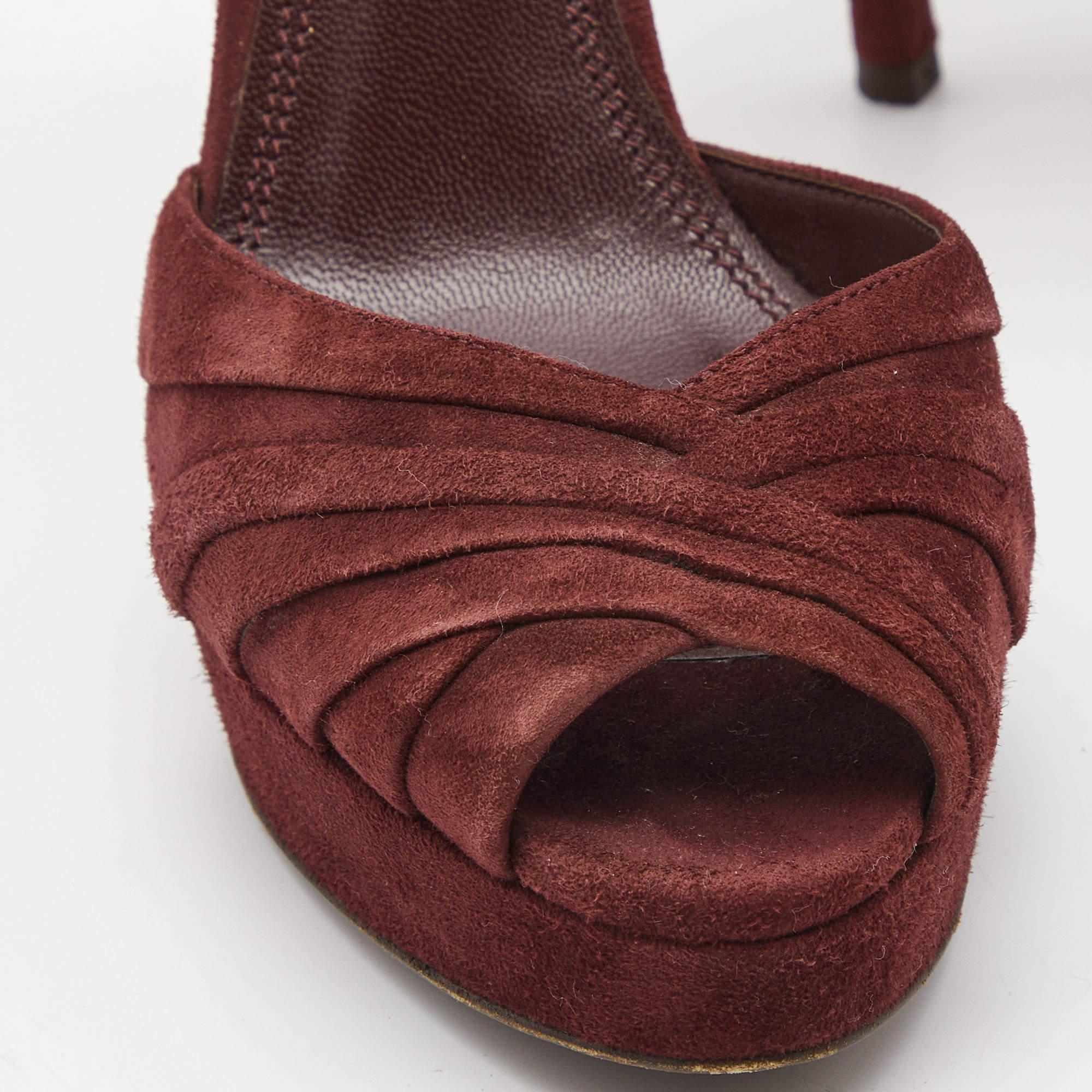 Ralph Lauren Burgundy Suede Peep Toe Platform Ankle Strap Sandals Size 40 For Sale 3