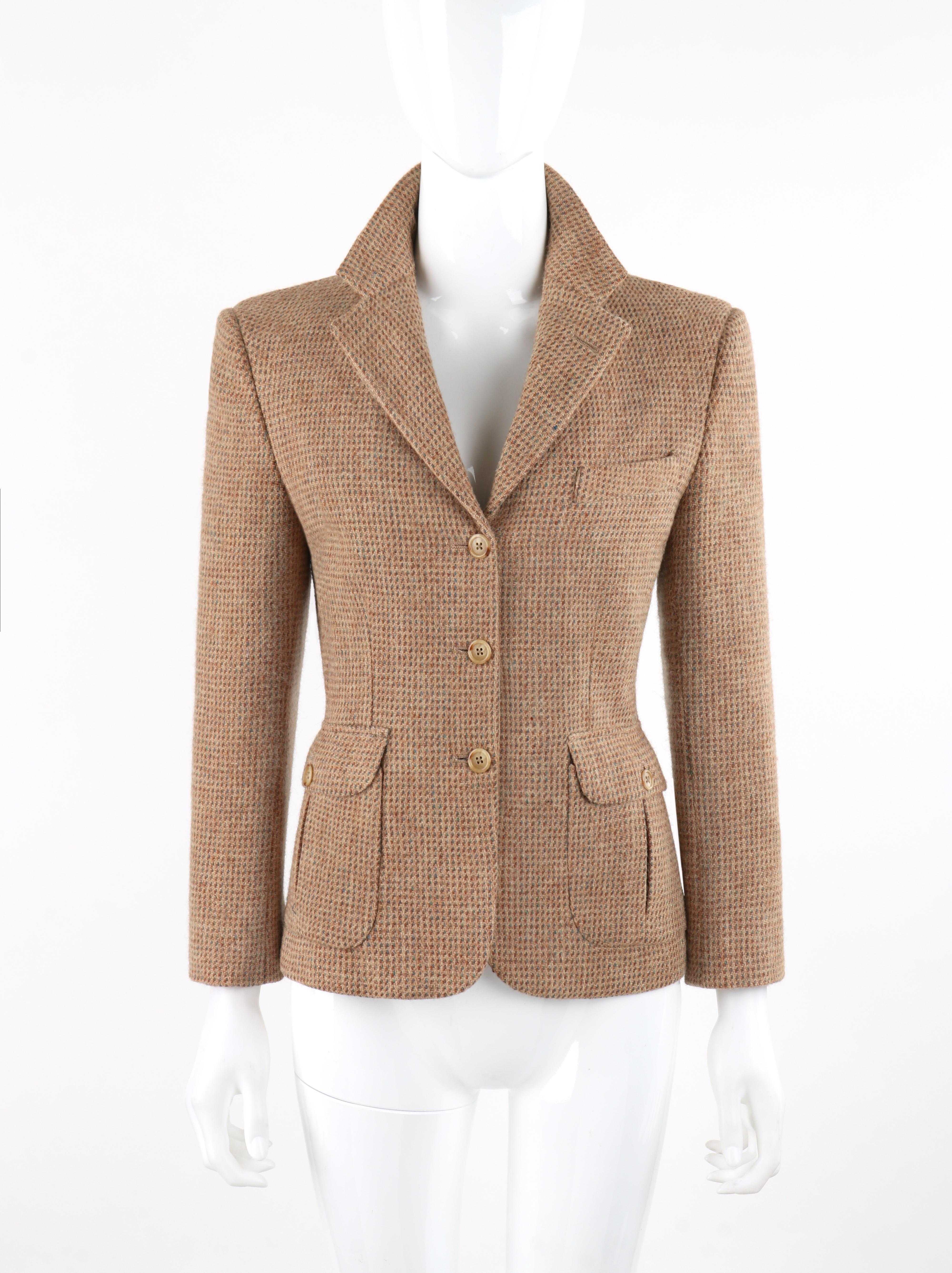 RALPH LAUREN c.1970's Brown Tan Tweed Wool Button Up Blazer Coat Jacket

Brand / Manufacturer: Ralph Lauren
Circa: 1970's
Label(s): Ralph Lauren, Divina San Francisco, RN 44008
Style: Button Up Blazer
Color(s): Shades of tan and brown with hints of