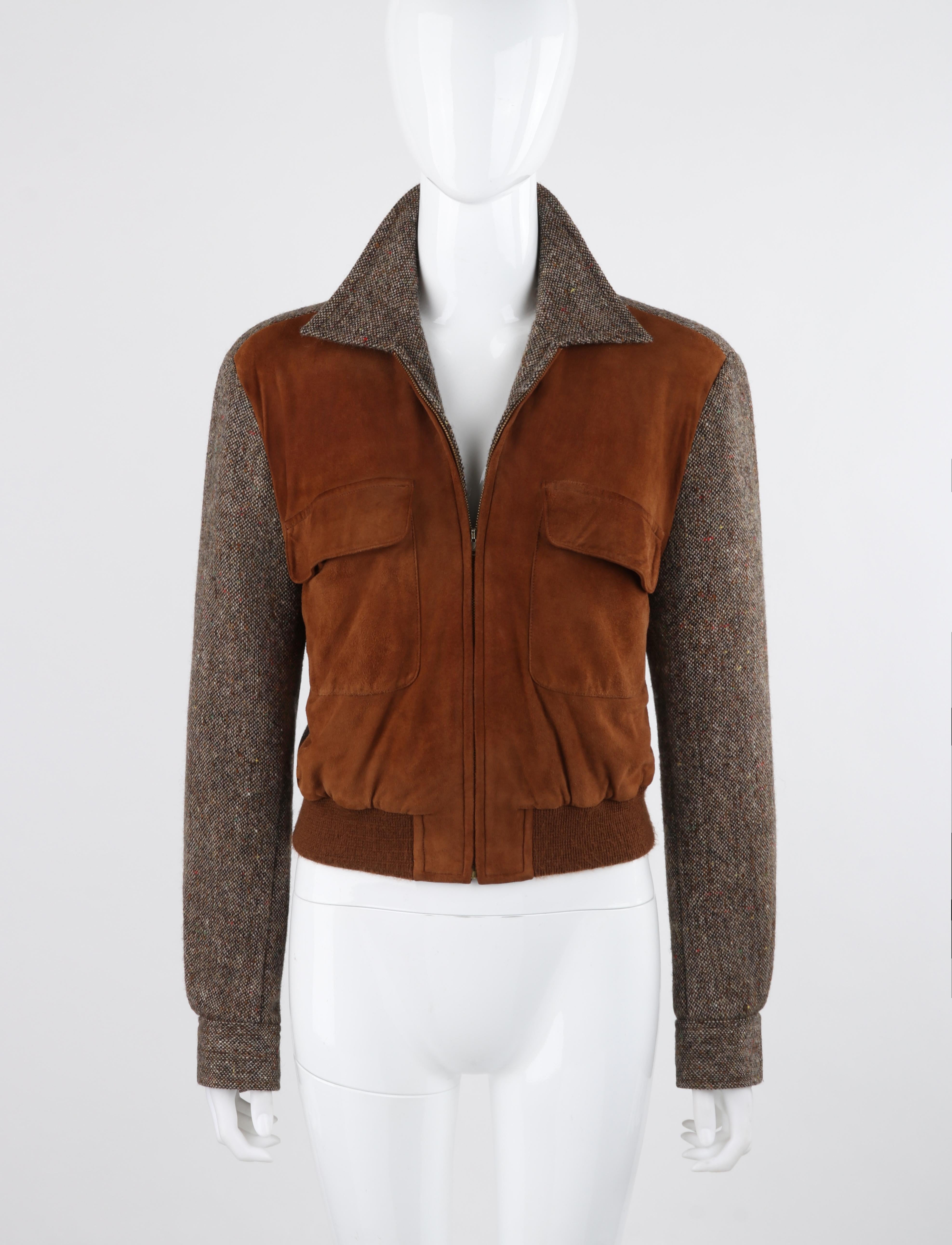RALPH LAUREN c.1970’s Brown Wool Tweed Suede Leather Crop Blouson Bomber Jacket

Brand / Manufacturer: Ralph Lauren
Circa: 1970s
Style: Blouson Bomber Jacket
Color(s): Shades of brown, beige
Lined: Yes
Marked Fabric Content: 100% wool (collar,
