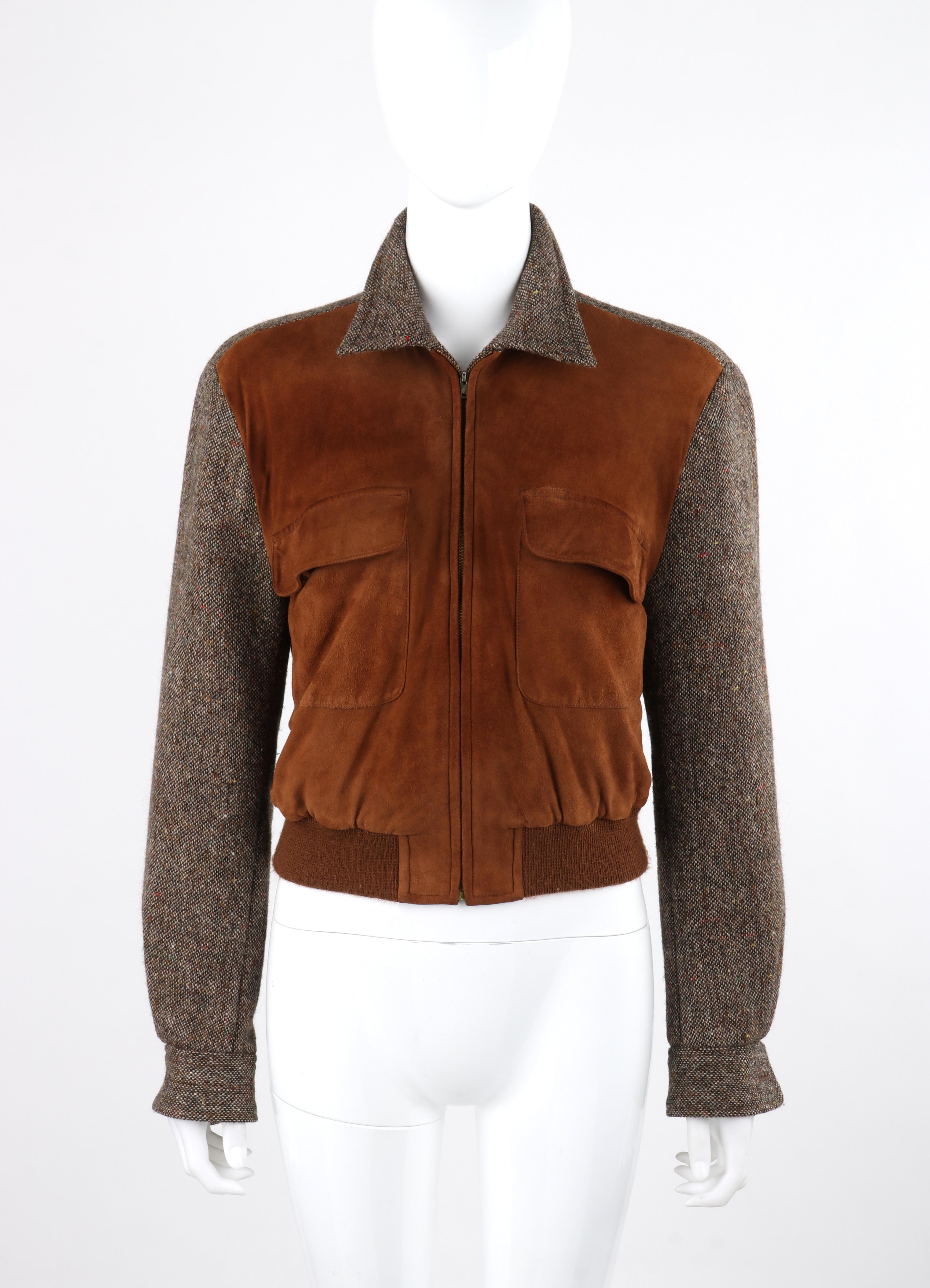 RALPH LAUREN c.1970’s Brown Wool Tweed Suede Leather Crop Blouson Bomber Jacket In Good Condition In Thiensville, WI
