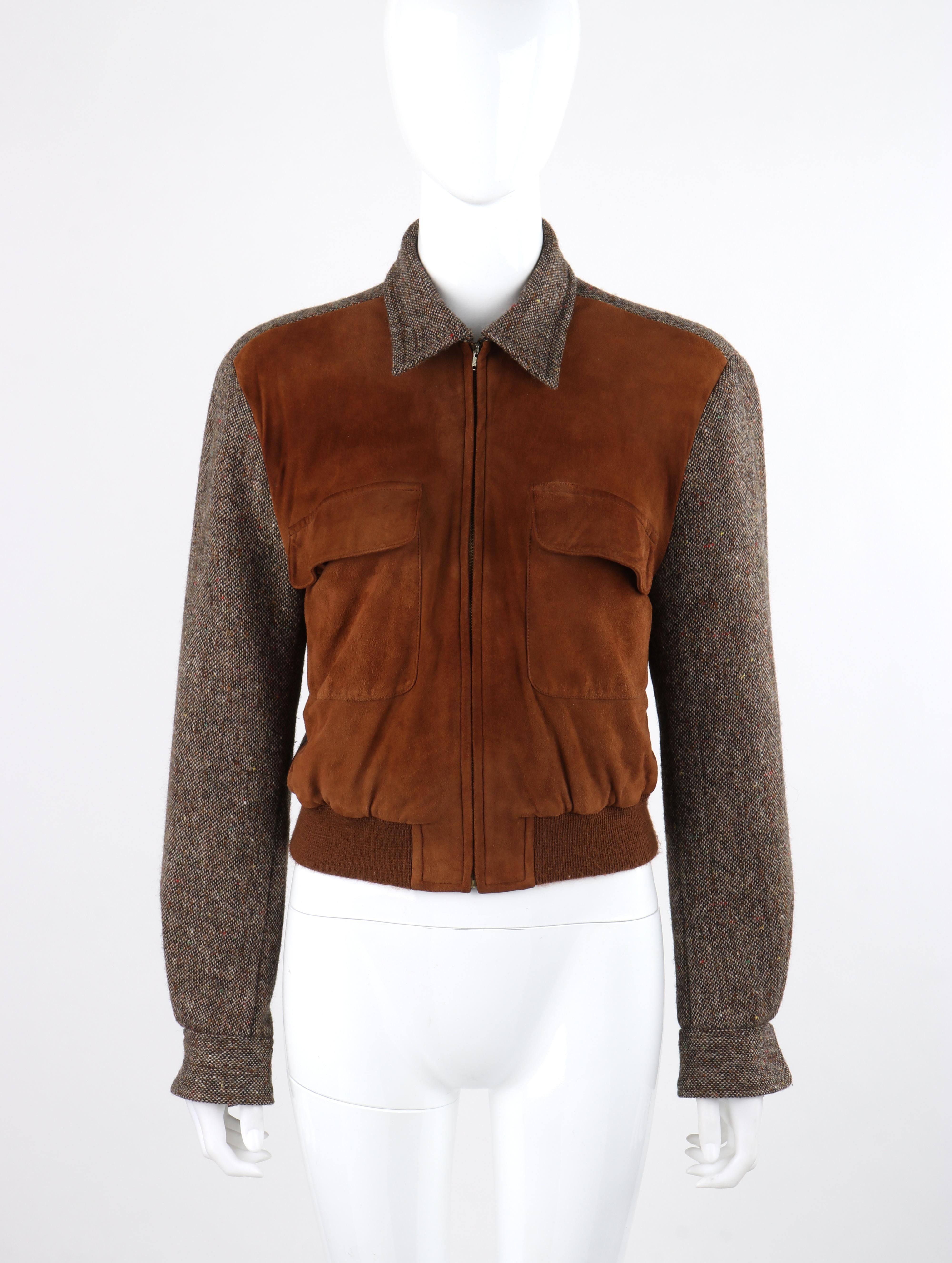 Women's RALPH LAUREN c.1970’s Brown Wool Tweed Suede Leather Crop Blouson Bomber Jacket