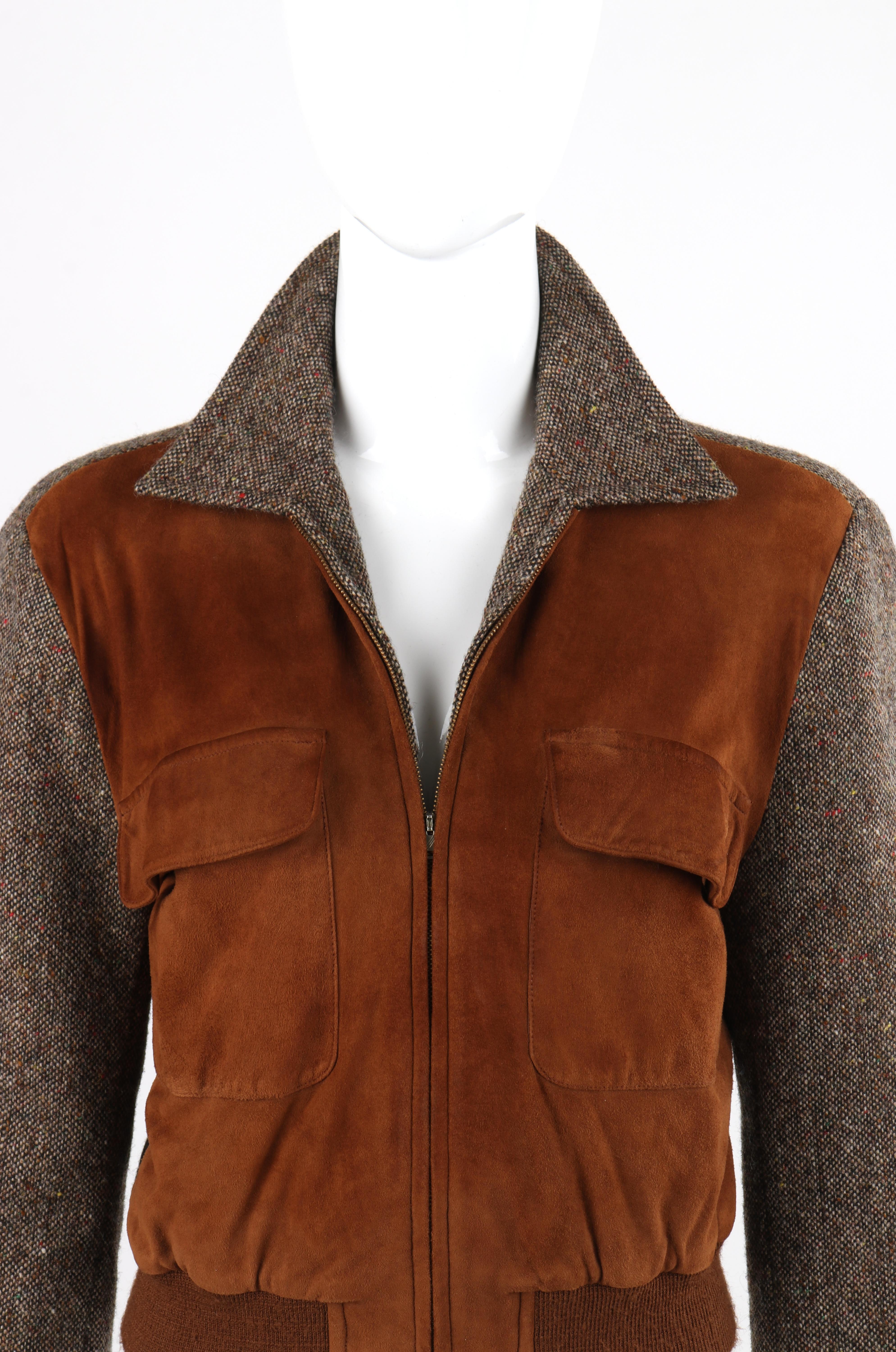 RALPH LAUREN c.1970’s Brown Wool Tweed Suede Leather Crop Blouson Bomber Jacket 1