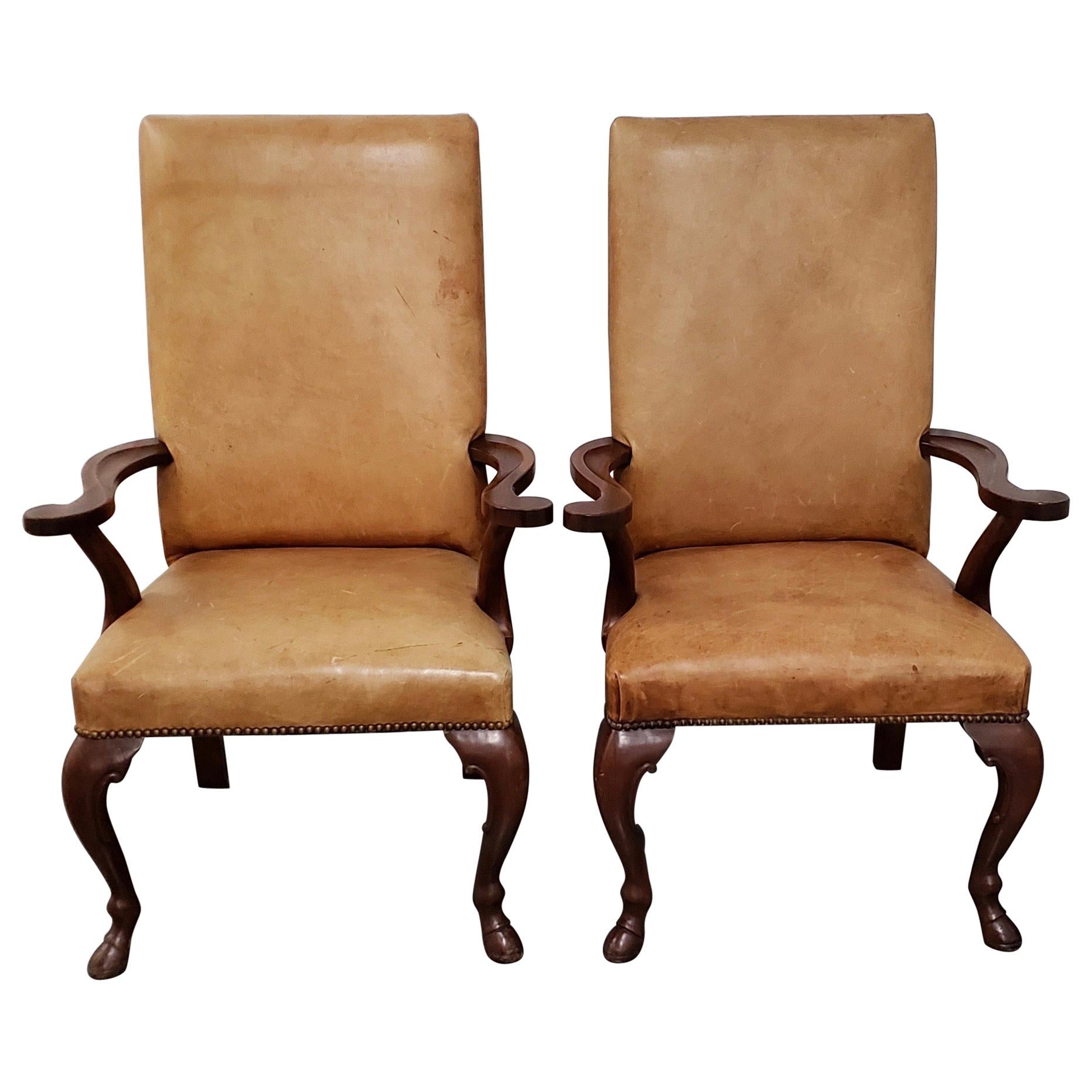 Ralph Lauren Carved Mahogany and Leather Upholstered Armchairs with Hoofed Feet