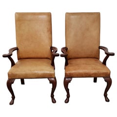 Ralph Lauren Carved Mahogany and Leather Upholstered Armchairs with Hoofed Feet