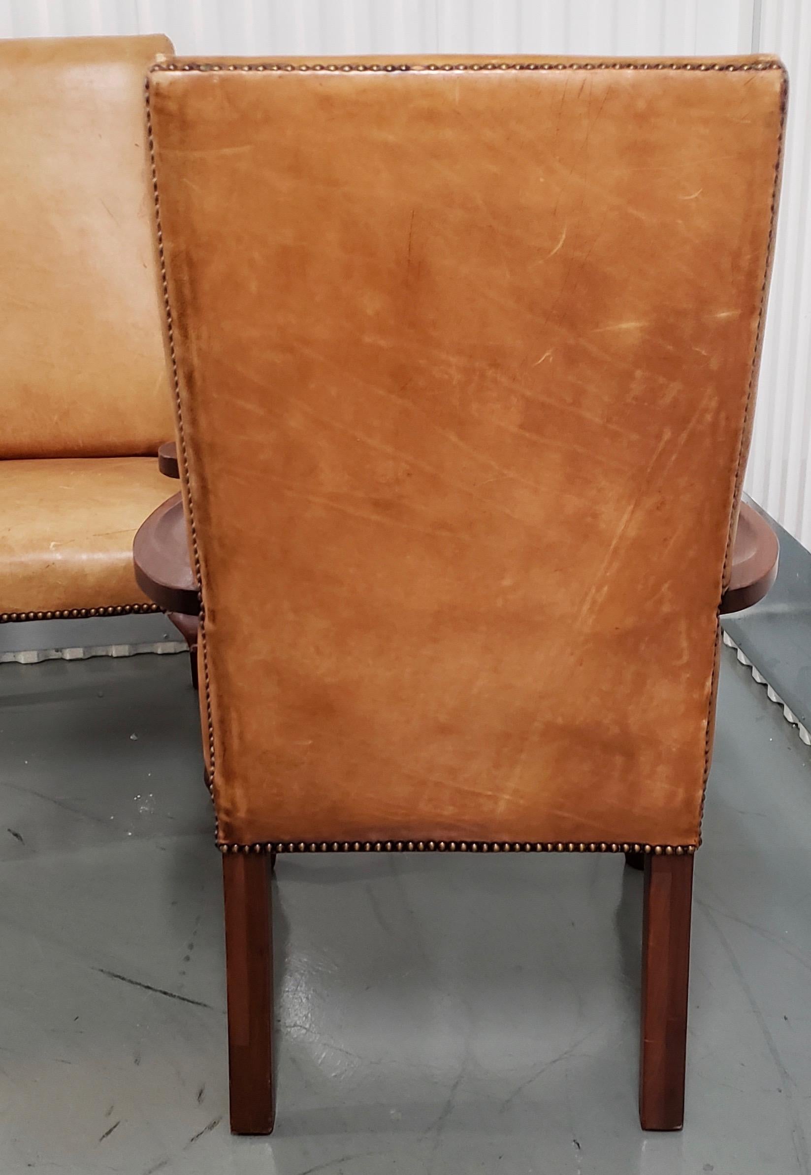 American Ralph Lauren Carved Mahogany and Leather Upholstered Armchairs with Hoofed Feet