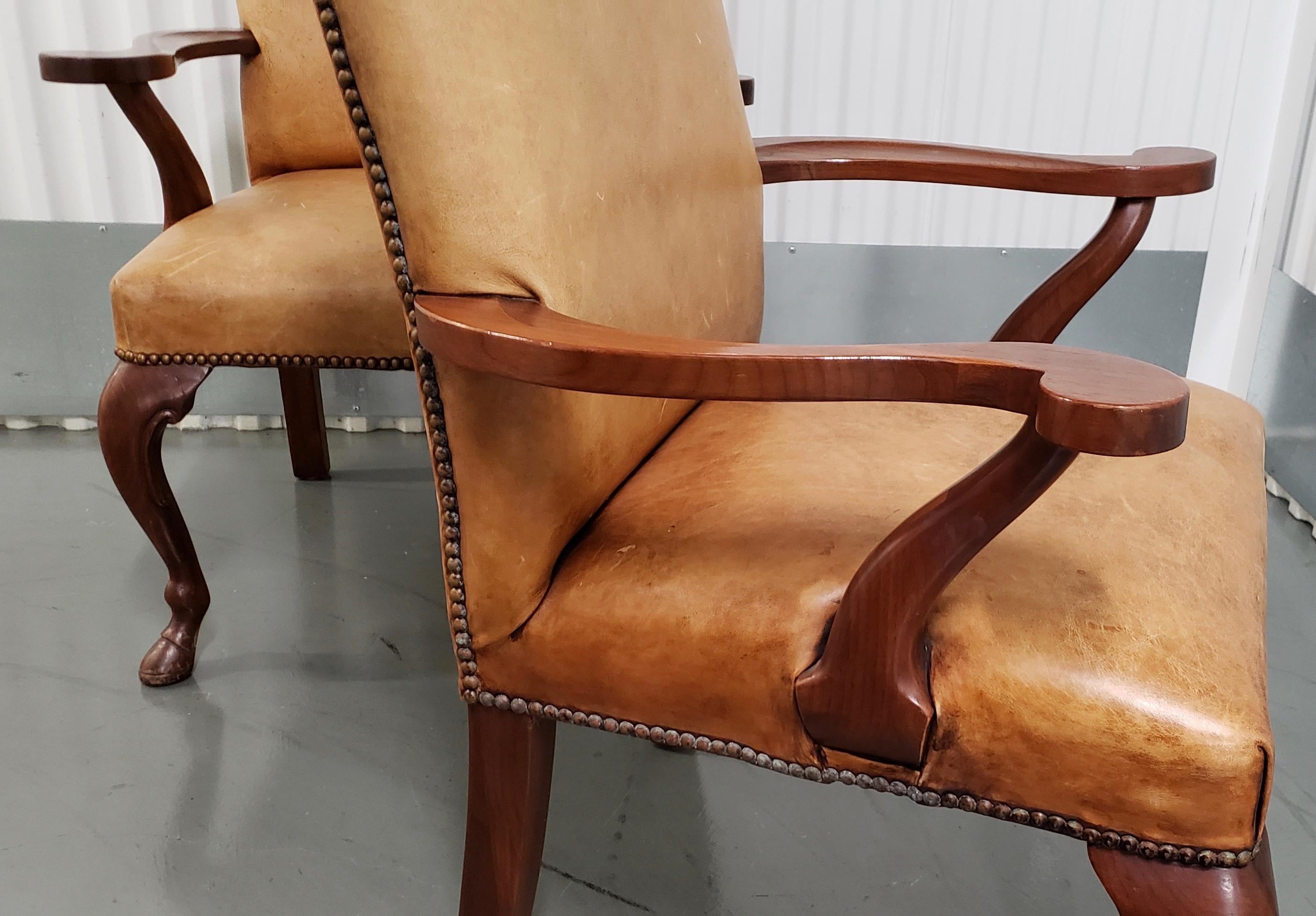Ralph Lauren Carved Mahogany and Leather Upholstered Armchairs with Hoofed Feet 2