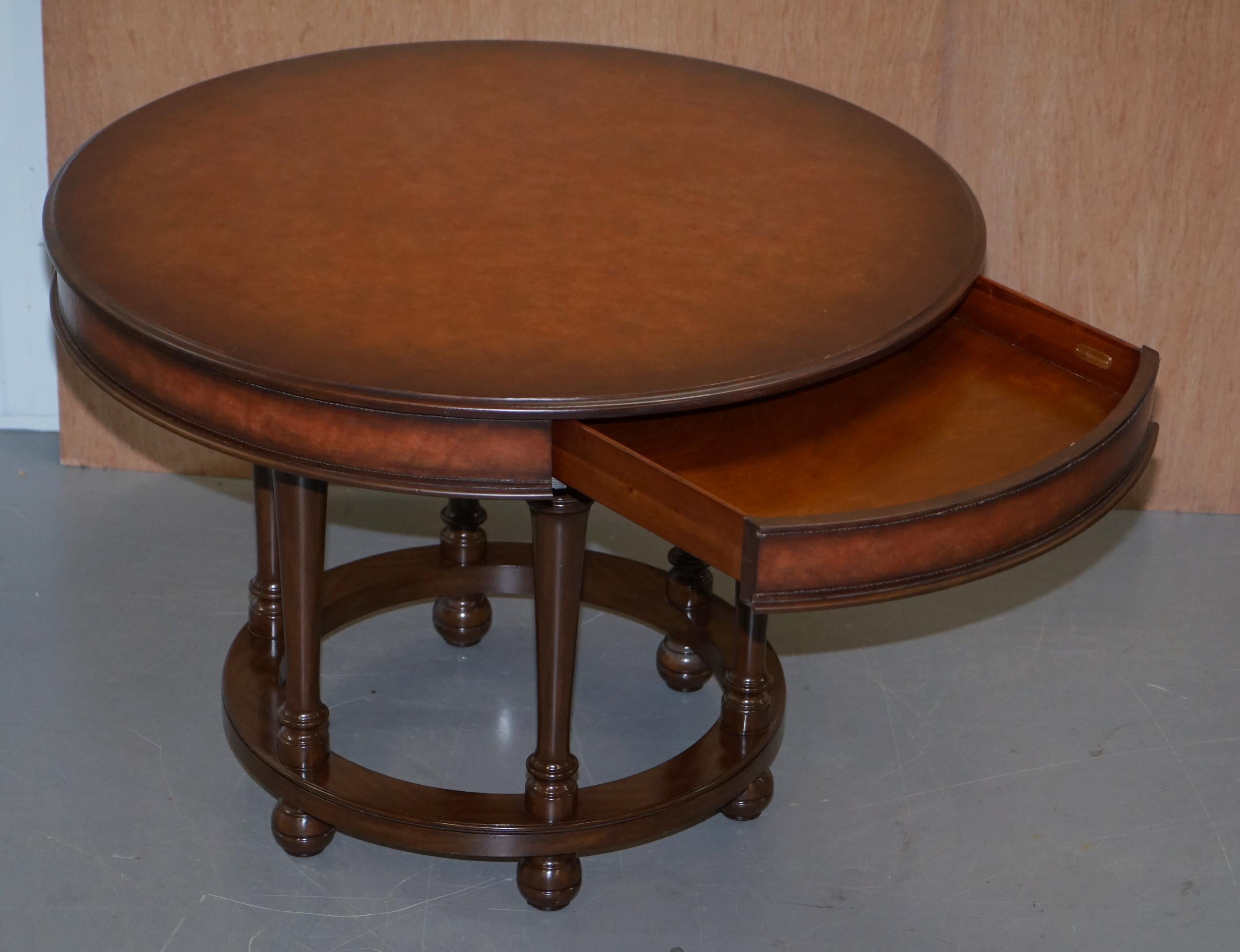 Ralph Lauren Centre Occasional Center Small Dining Table Brown Leather Stitched For Sale 5