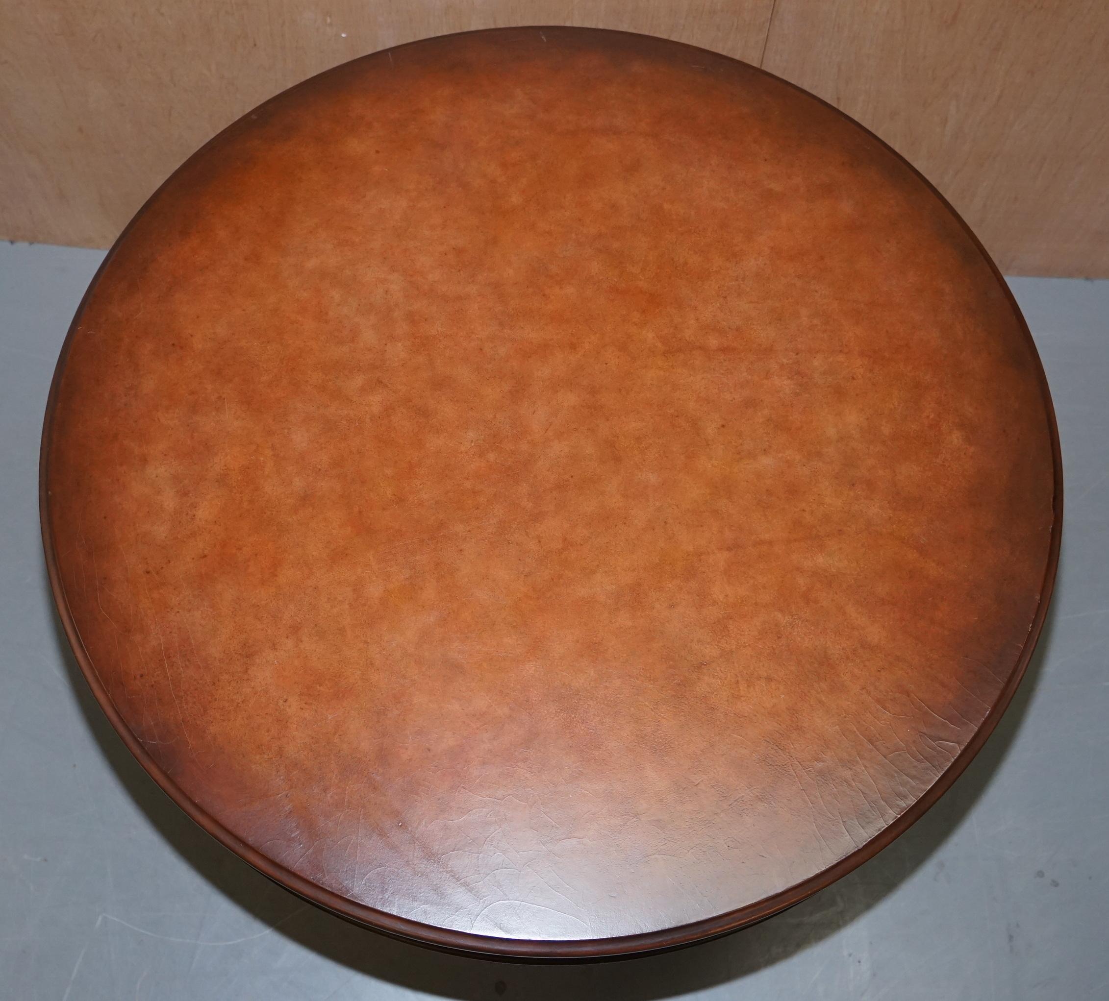 Regency Ralph Lauren Centre Occasional Center Small Dining Table Brown Leather Stitched For Sale