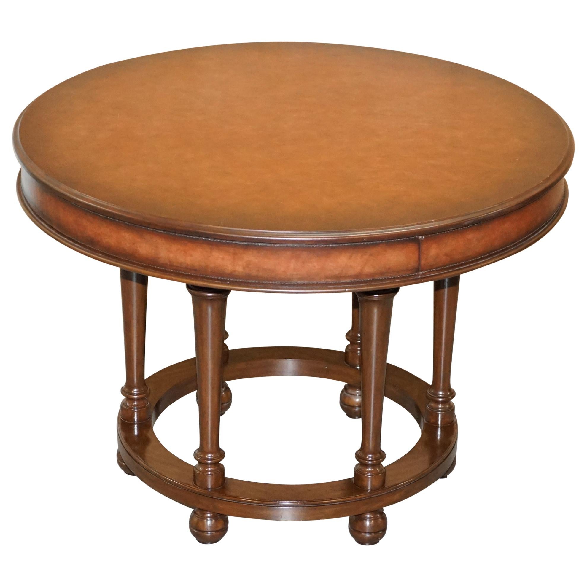 Ralph Lauren Centre Occasional Center Small Dining Table Brown Leather Stitched For Sale