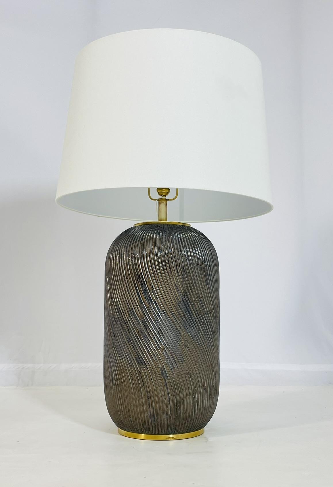 Modern Ralph Lauren Ceramic Table Lamp with Brass Accents & White Shade For Sale