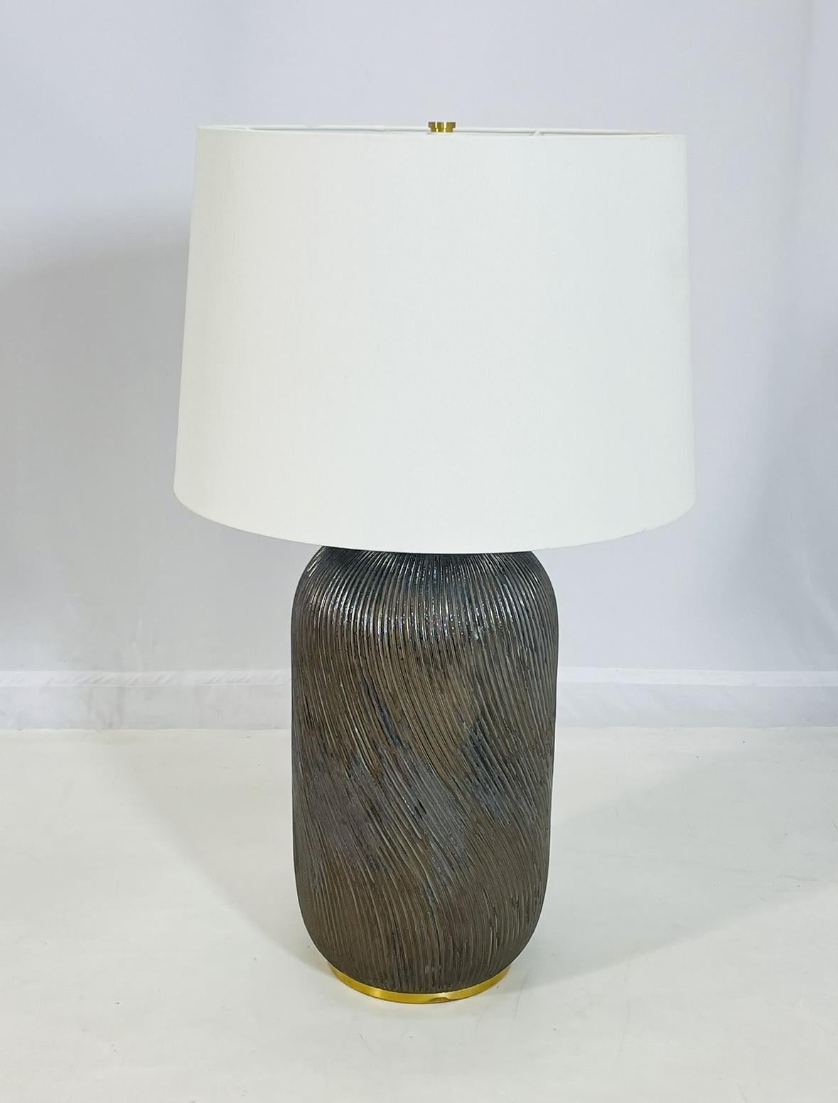 Vietnamese Ralph Lauren Ceramic Table Lamp with Brass Accents & White Shade For Sale