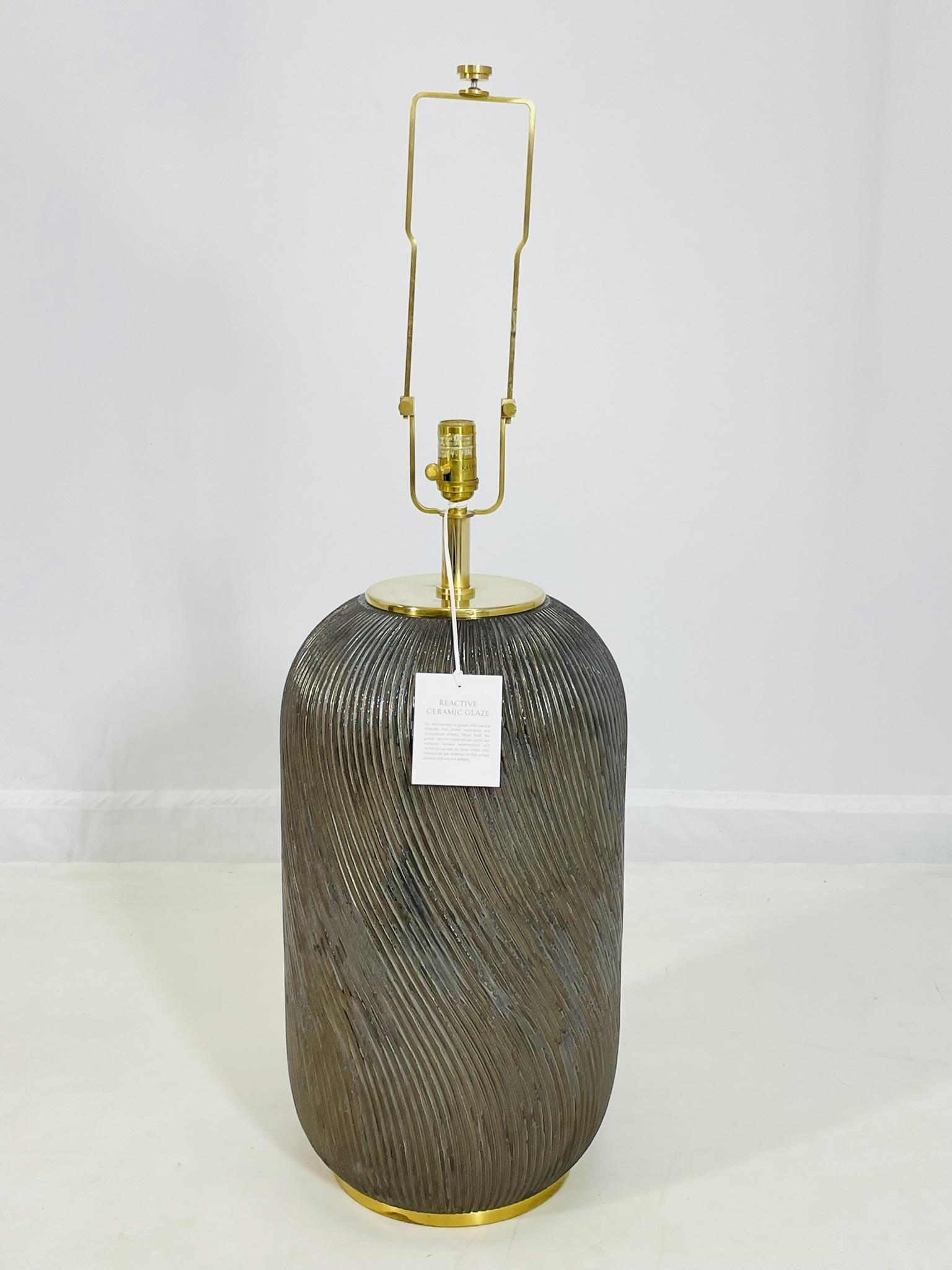 Hand-Crafted Ralph Lauren Ceramic Table Lamp with Brass Accents & White Shade For Sale