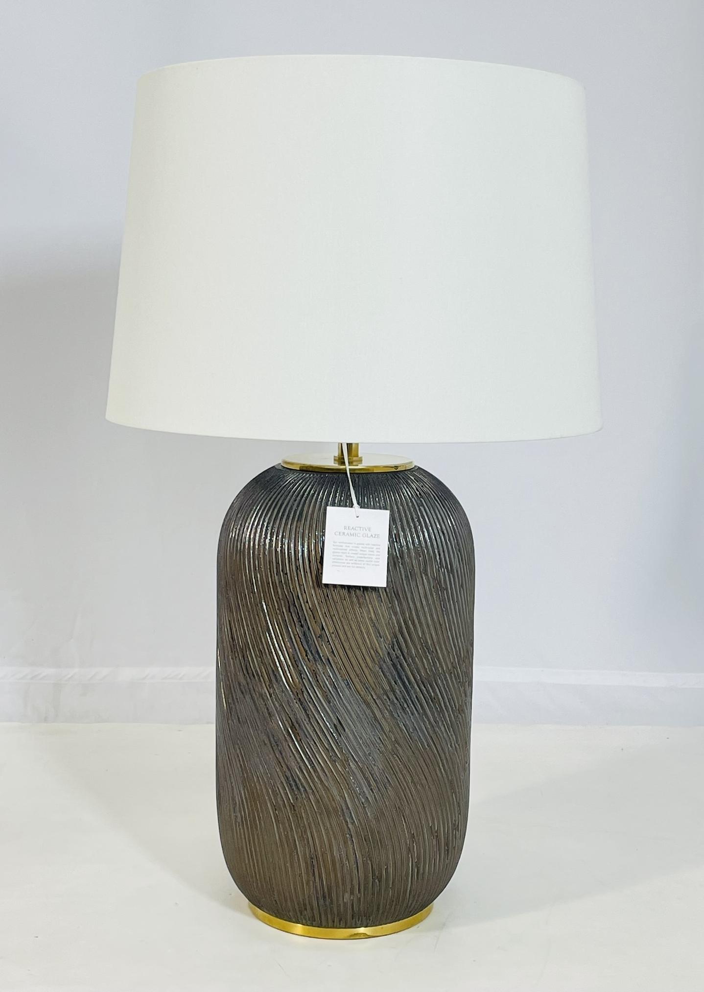 Contemporary Ralph Lauren Ceramic Table Lamp with Brass Accents & White Shade For Sale