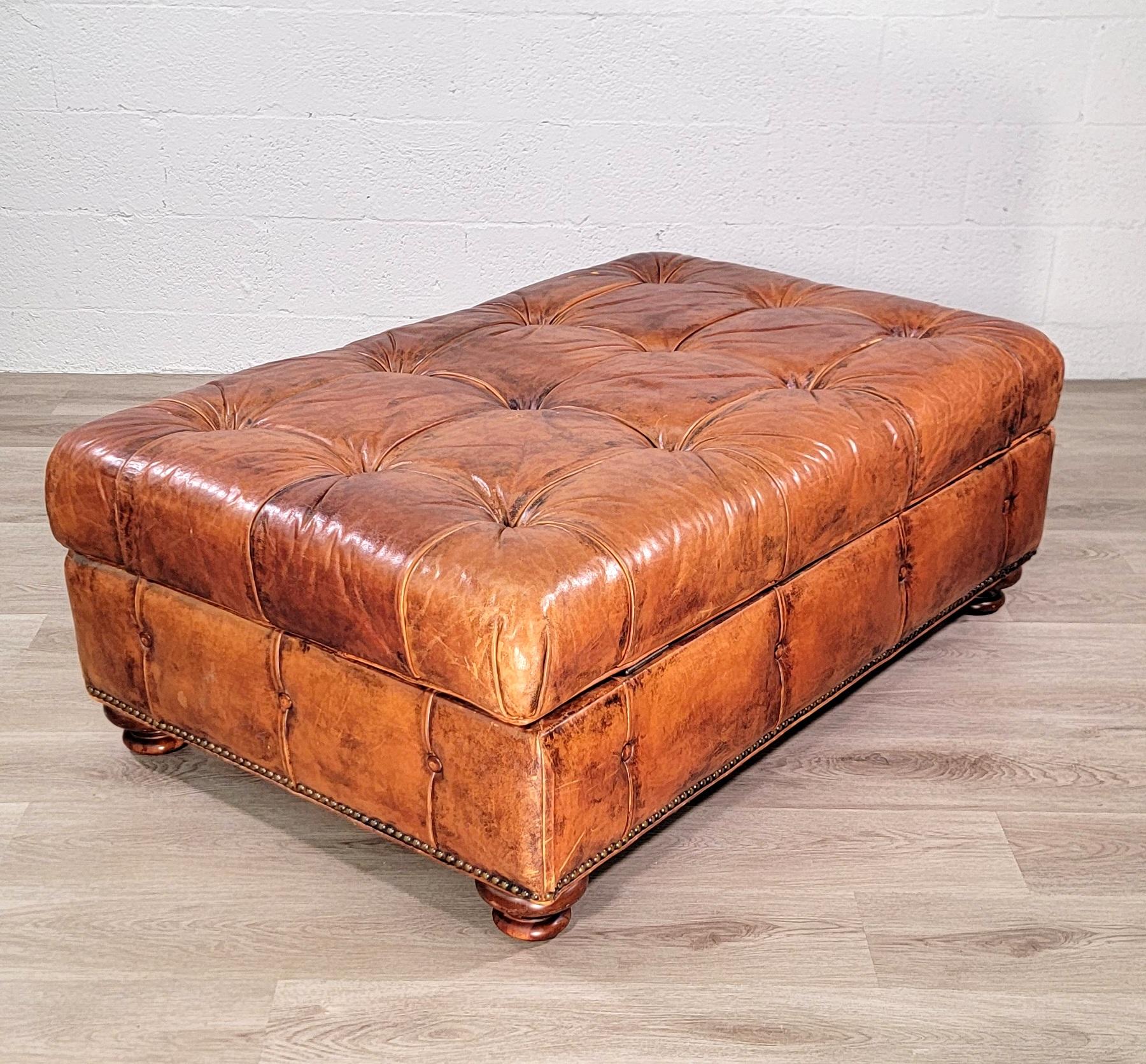Ralph Lauren Chesterfield Cognac Leather Storage Ottoman 4