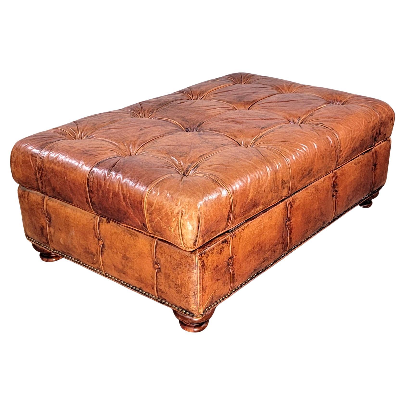 American Ralph Lauren Chesterfield Cognac Leather Storage Ottoman