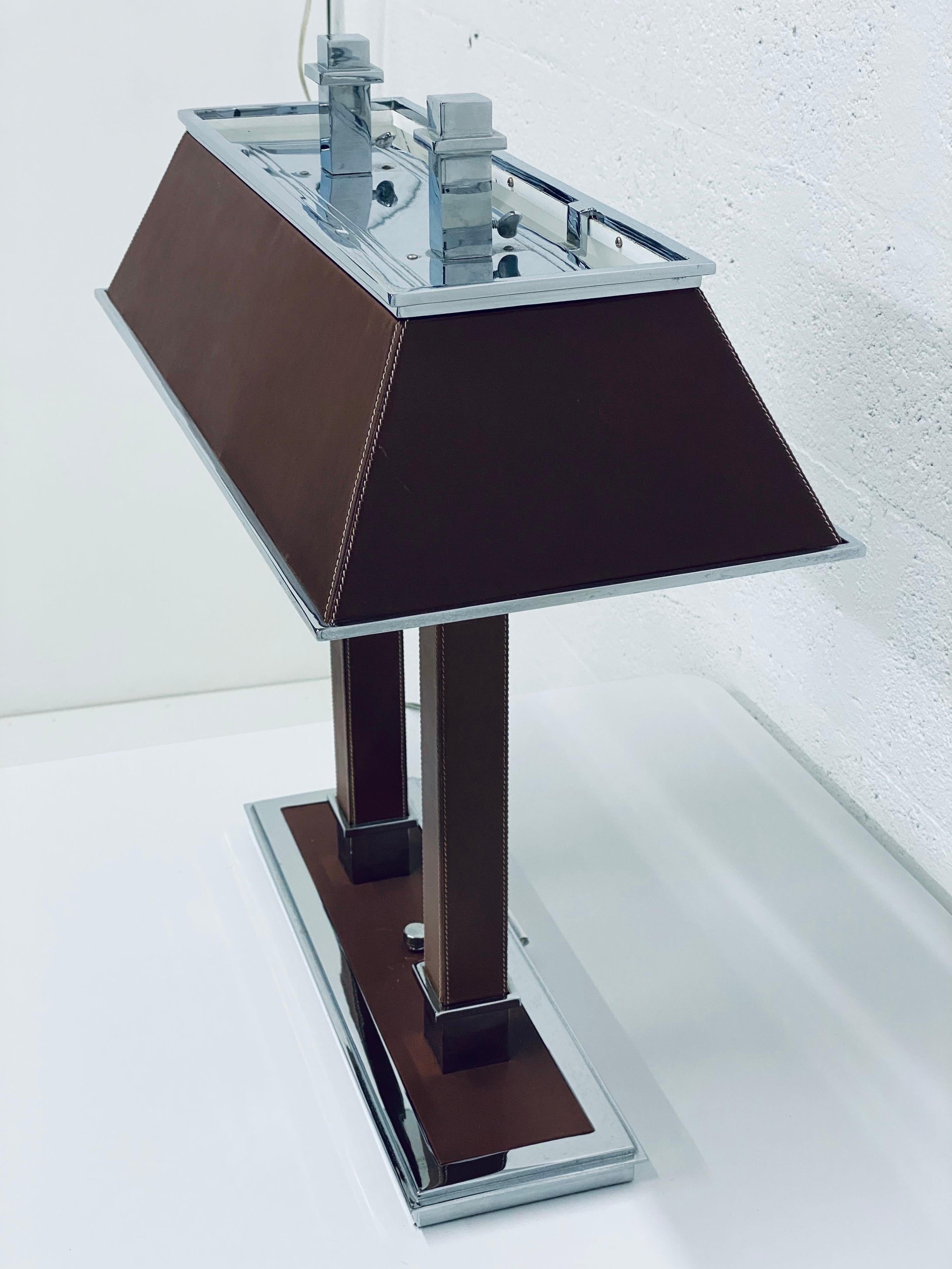 Ralph Lauren Chrome and Brown Leather Desk or Table Lamp In Good Condition In Miami, FL