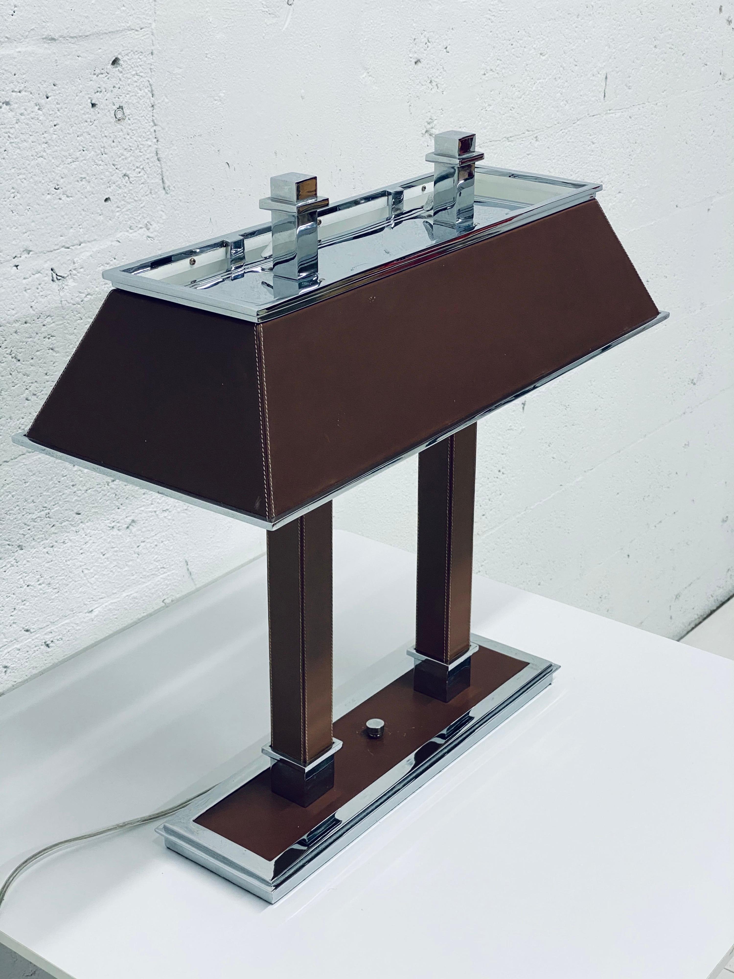 Contemporary Ralph Lauren Chrome and Brown Leather Desk or Table Lamp