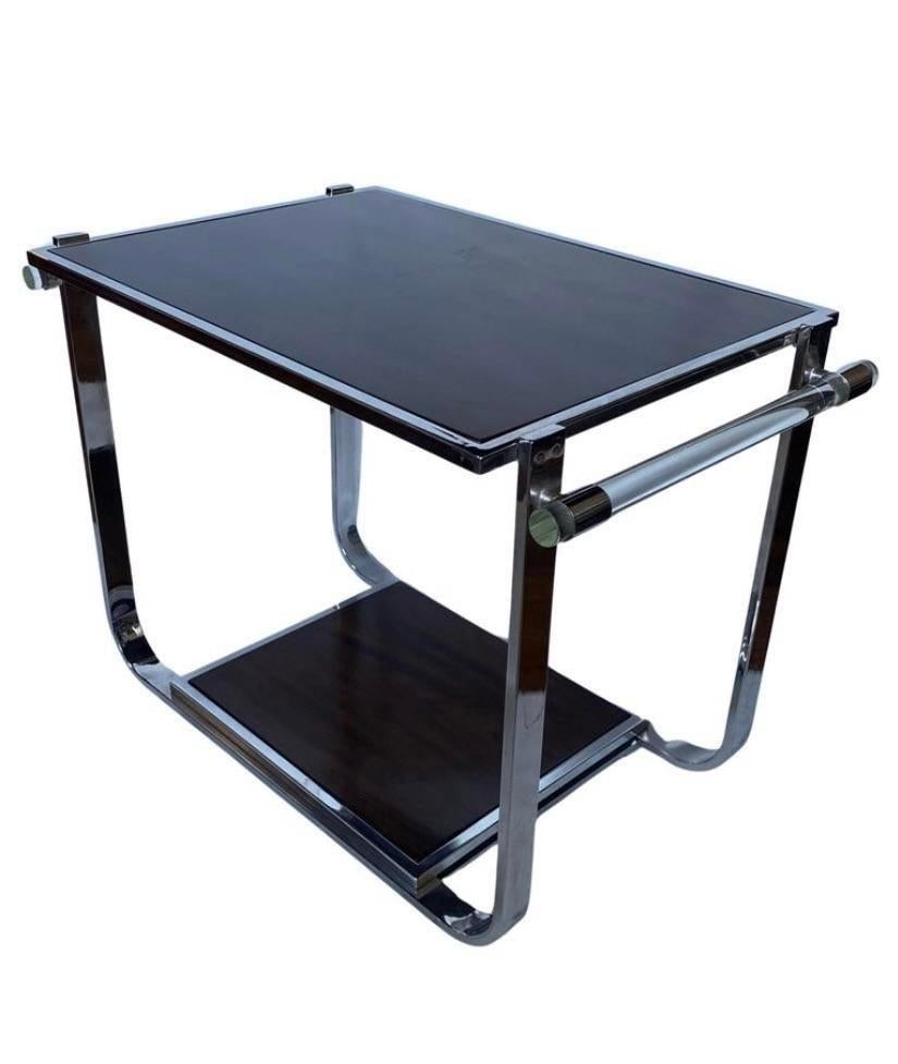 Polished Ralph Lauren Chrome & Lucite Modern Wood Bar Tea Table For Sale