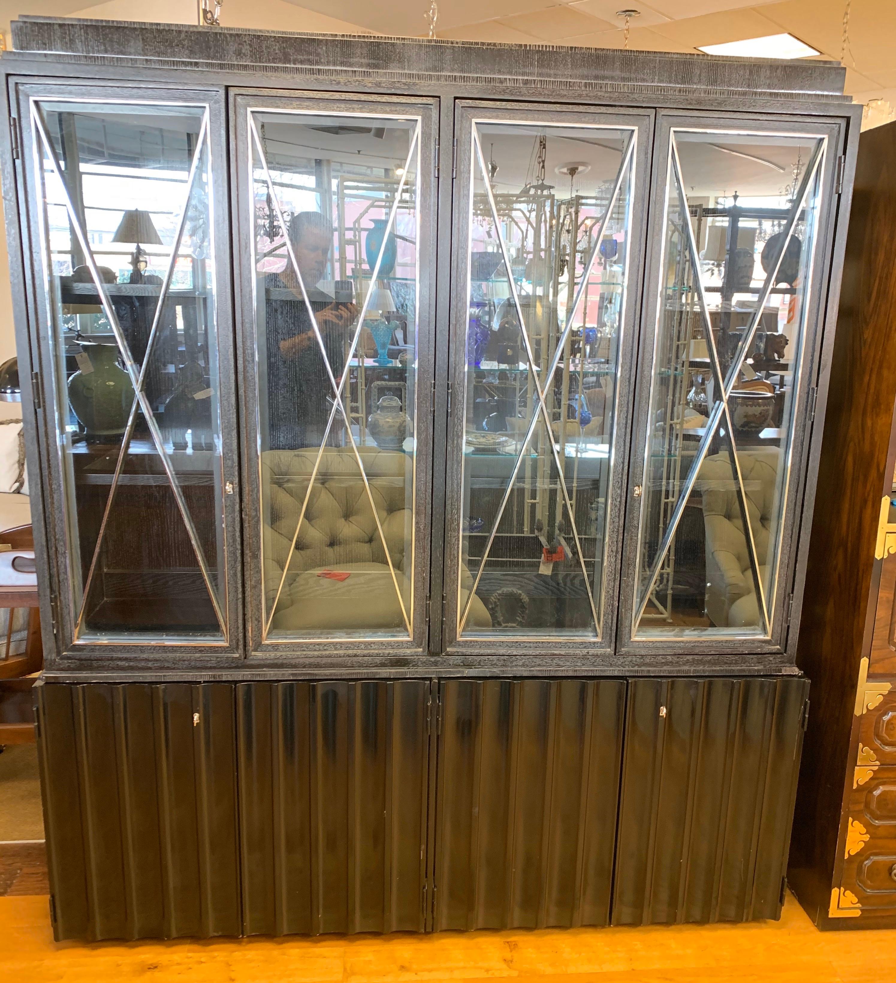 Art Deco Ralph Lauren Chrome X Glass Breakfront Cabinet Sideboard with Scalloped Doors