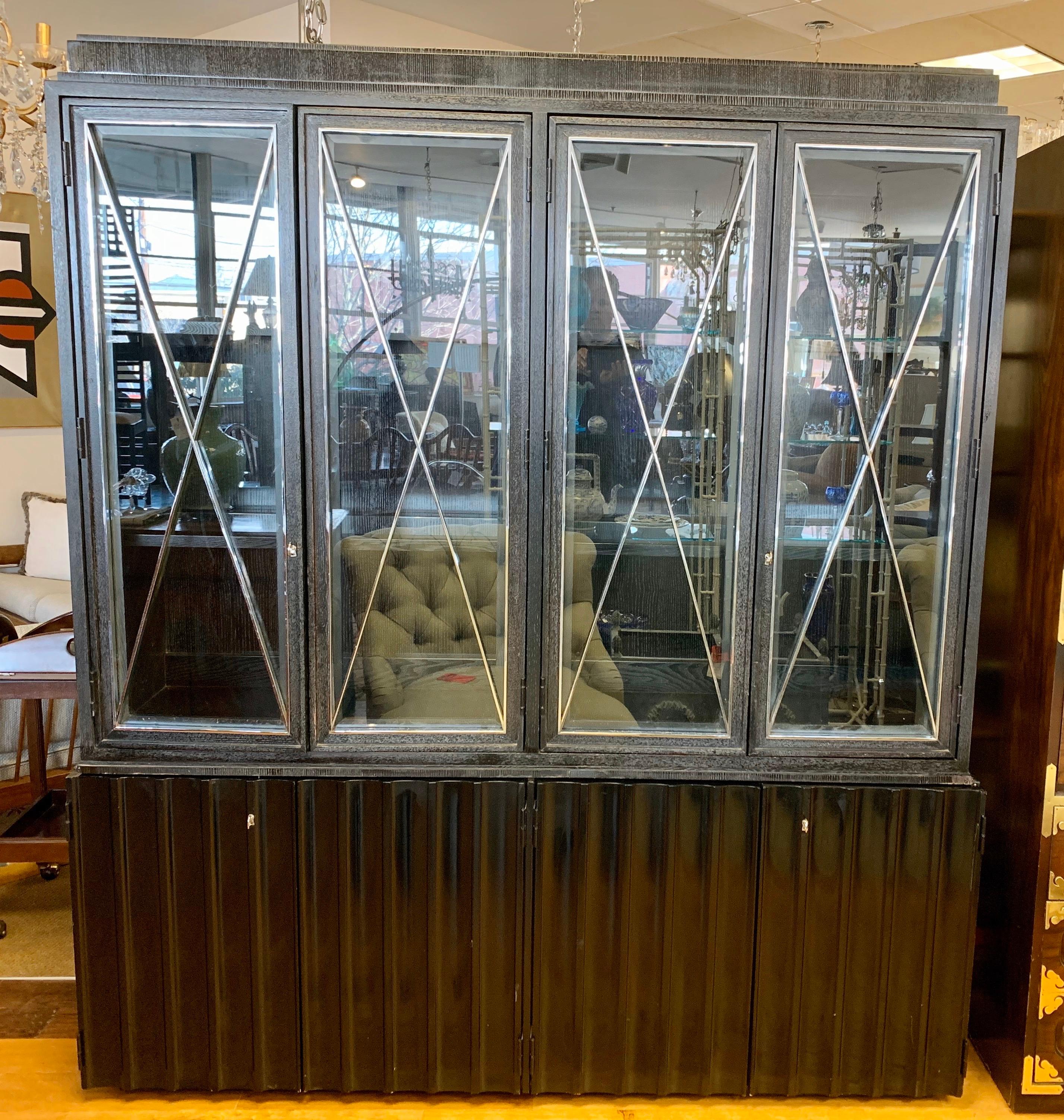 American Ralph Lauren Chrome X Glass Breakfront Cabinet Sideboard with Scalloped Doors