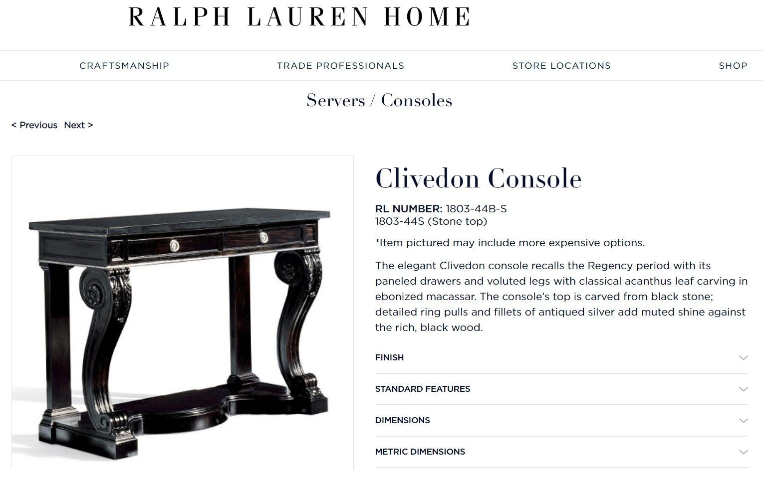 We are delighted to offer for sale this RRP £14,800 Macassa Ebony with solid marble top Ralph Lauren Clivedon console table

The elegant Clivedon console recalls the Regency period with its panelled drawers and voluted legs with classical acanthus