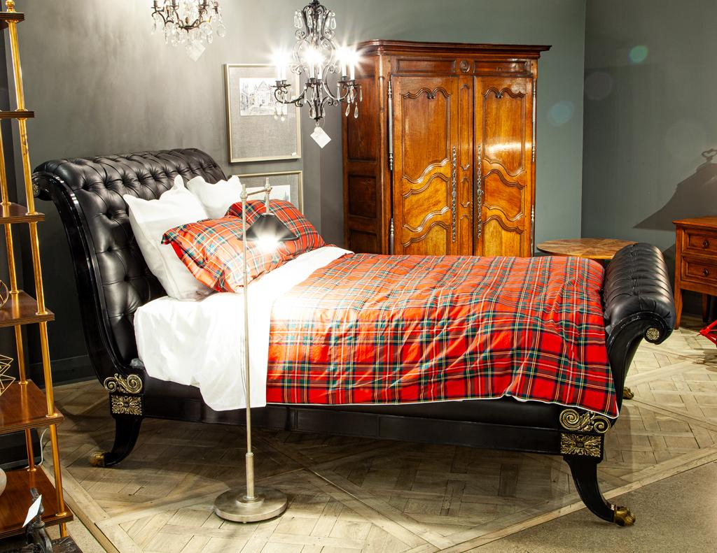 Neoclassical Ralph Lauren Clivedon Tufted Black Leather Bed Queen Size For Sale