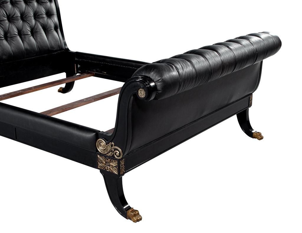 Brass Ralph Lauren Clivedon Tufted Black Leather Bed Queen Size For Sale