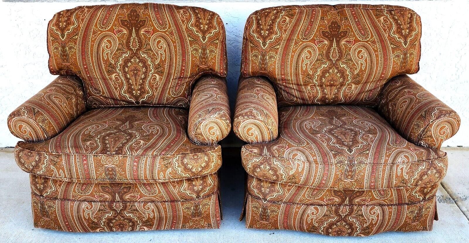 Offering one of our recent palm beach estate fine furniture acquisitions of a
Set of 2 Ralph Lauren upholstered club lounge chairs
Great chairs with 2 matching throw pillows included and as shown.

Approximate measurements in inches
33