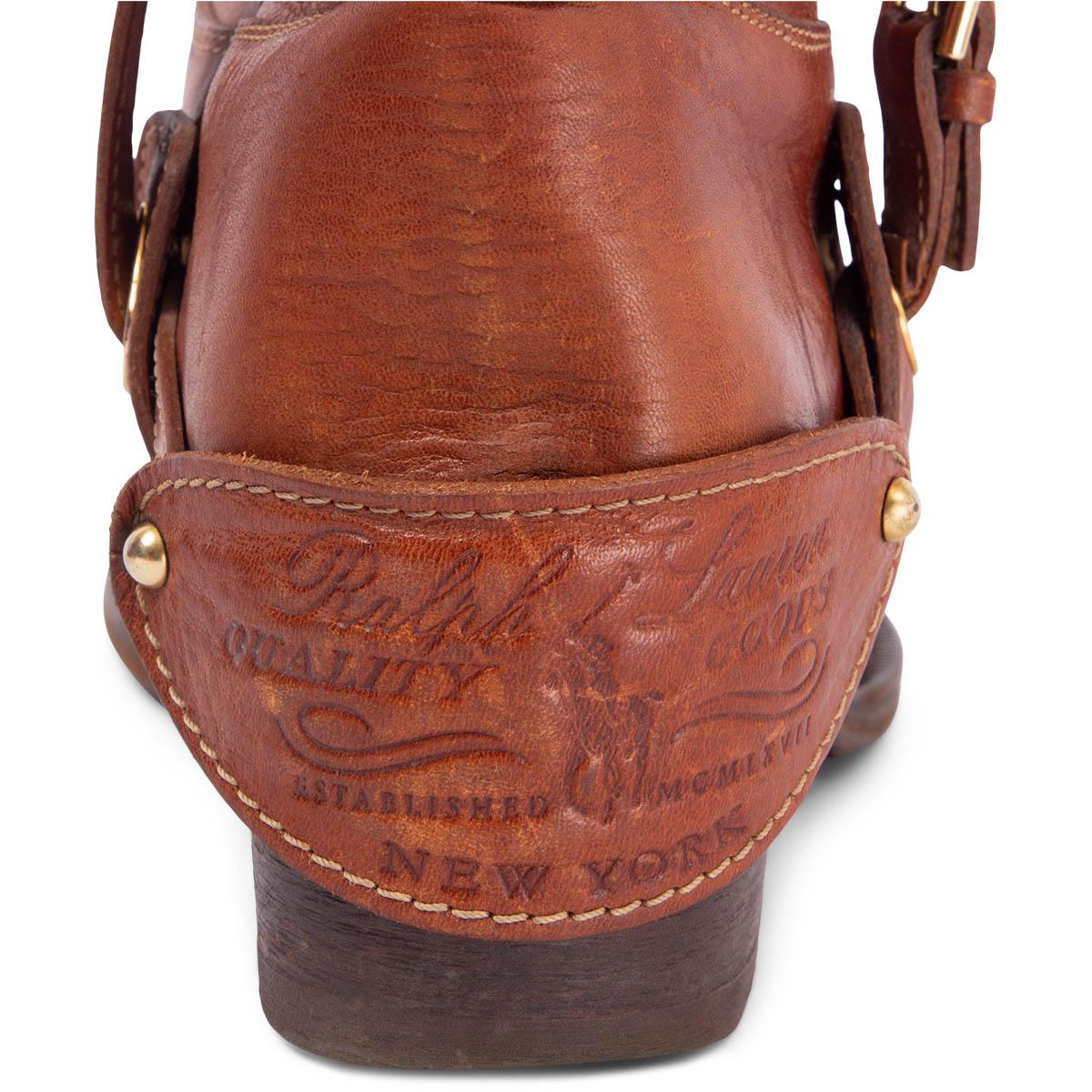 RALPH LAUREN cognac brown leather HARNESS COWBOY Boots Shoes 8 B In Fair Condition In Zürich, CH