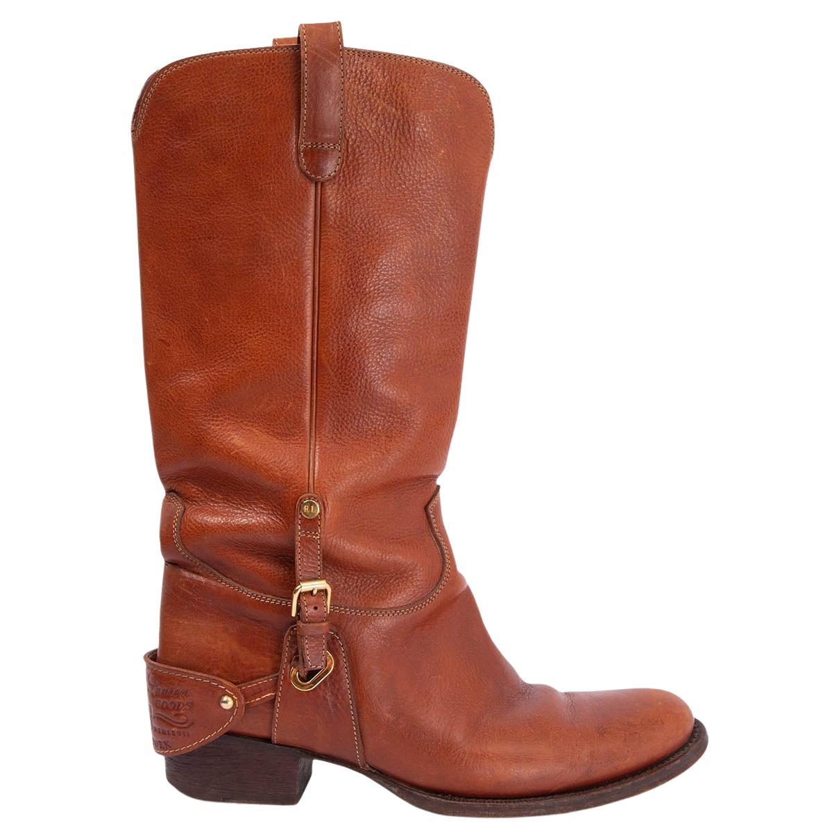 RALPH LAUREN cognac brown leather HARNESS COWBOY Boots Shoes 8 B