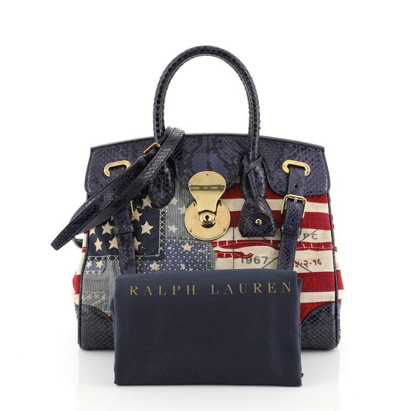 This Ralph Lauren Collection American Flag Ricky Satchel Patchwork Canvas with Python 33, crafted from blue printed canvas with genuine python, features dual rolled handles, buckle detail at front and gold-tone hardware. Its push-lock closure opens