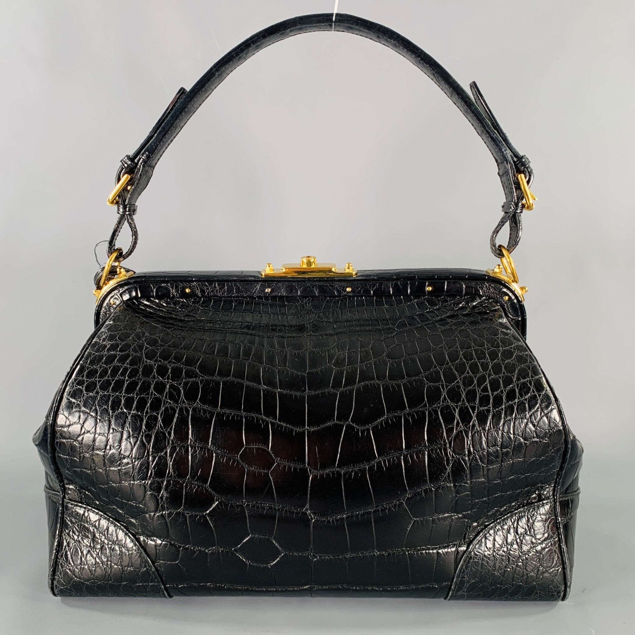 RALPH LAUREN COLLECTION Black Gold Alligator Doctor Handbag In Good Condition For Sale In San Francisco, CA