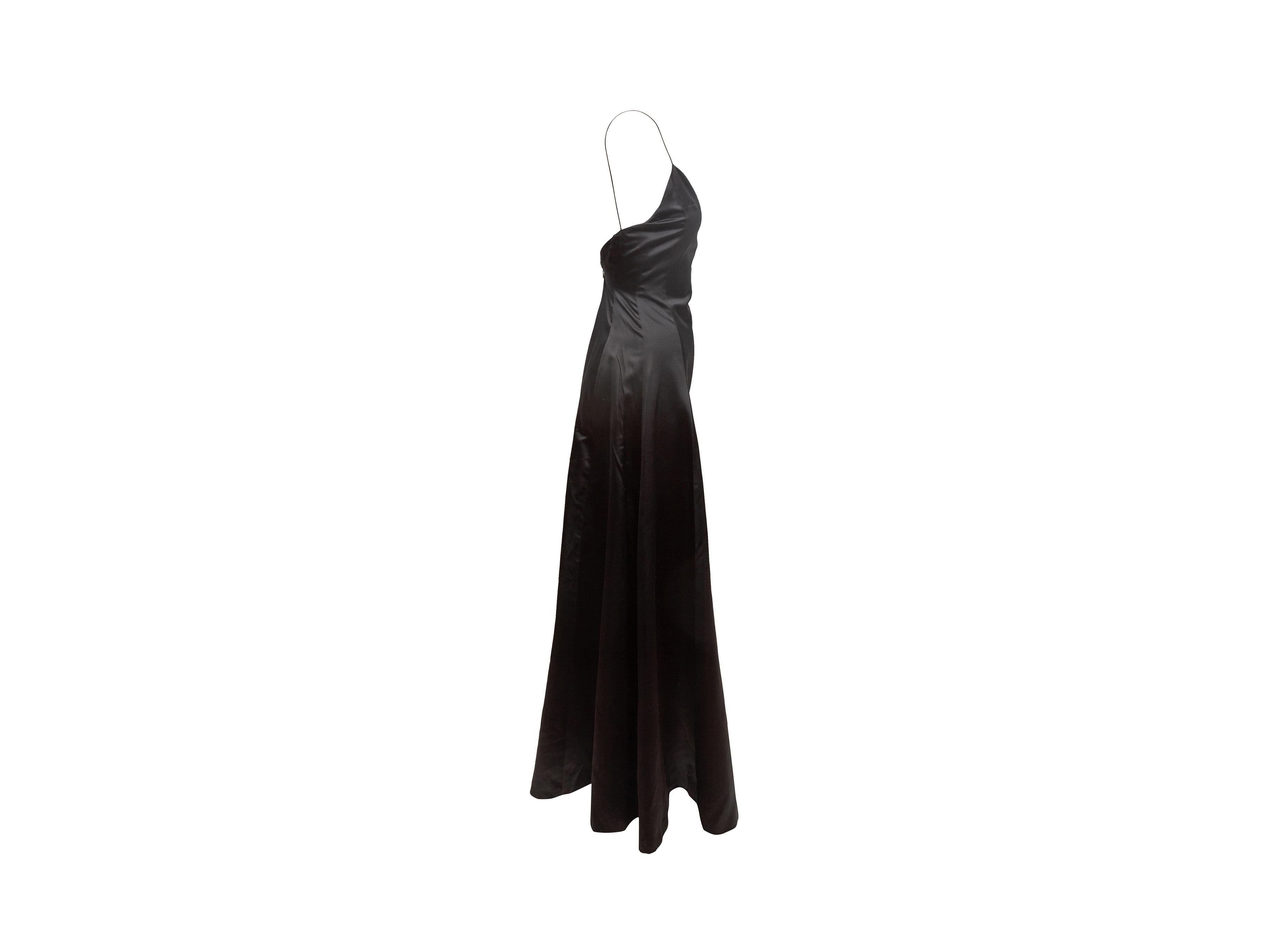 Product details: Black silk sleeveless evening gown by Ralph Lauren Collection. V-neck. Narrow straps. Zip closure at back. 30