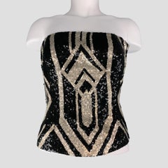 RALPH LAUREN COLLECTION Black & Silver Silk Art Deco Sequined Bustier