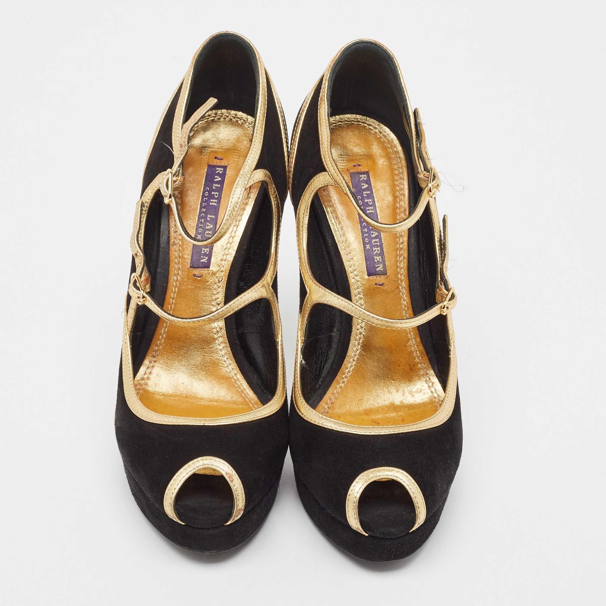 Noir Ralph Lauren Collection Escarpins Peep Toe en cuir et daim noir Taille 38.5 en vente