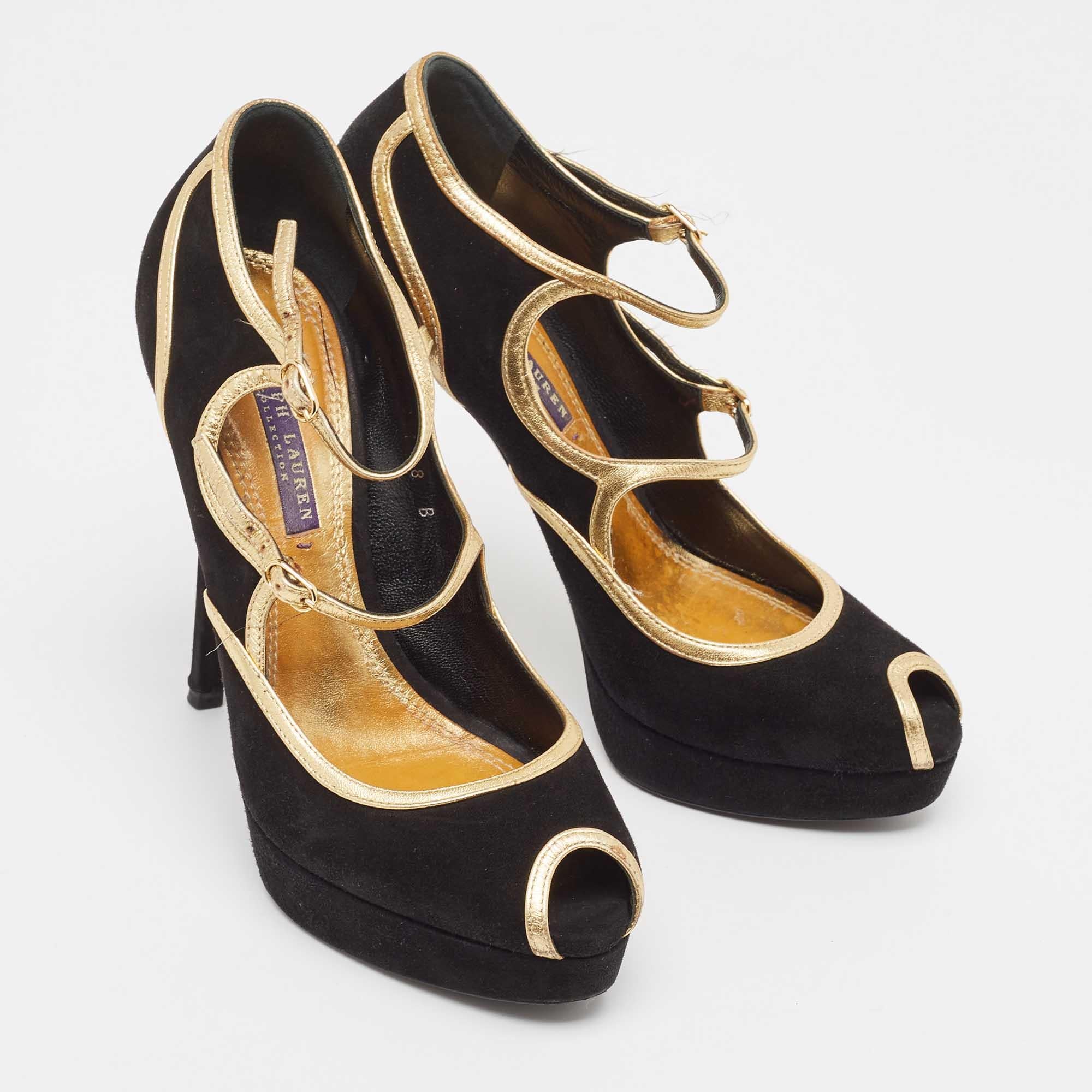 Ralph Lauren Collection Escarpins Peep Toe en cuir et daim noir Taille 38.5 État moyen - En vente à Dubai, Al Qouz 2